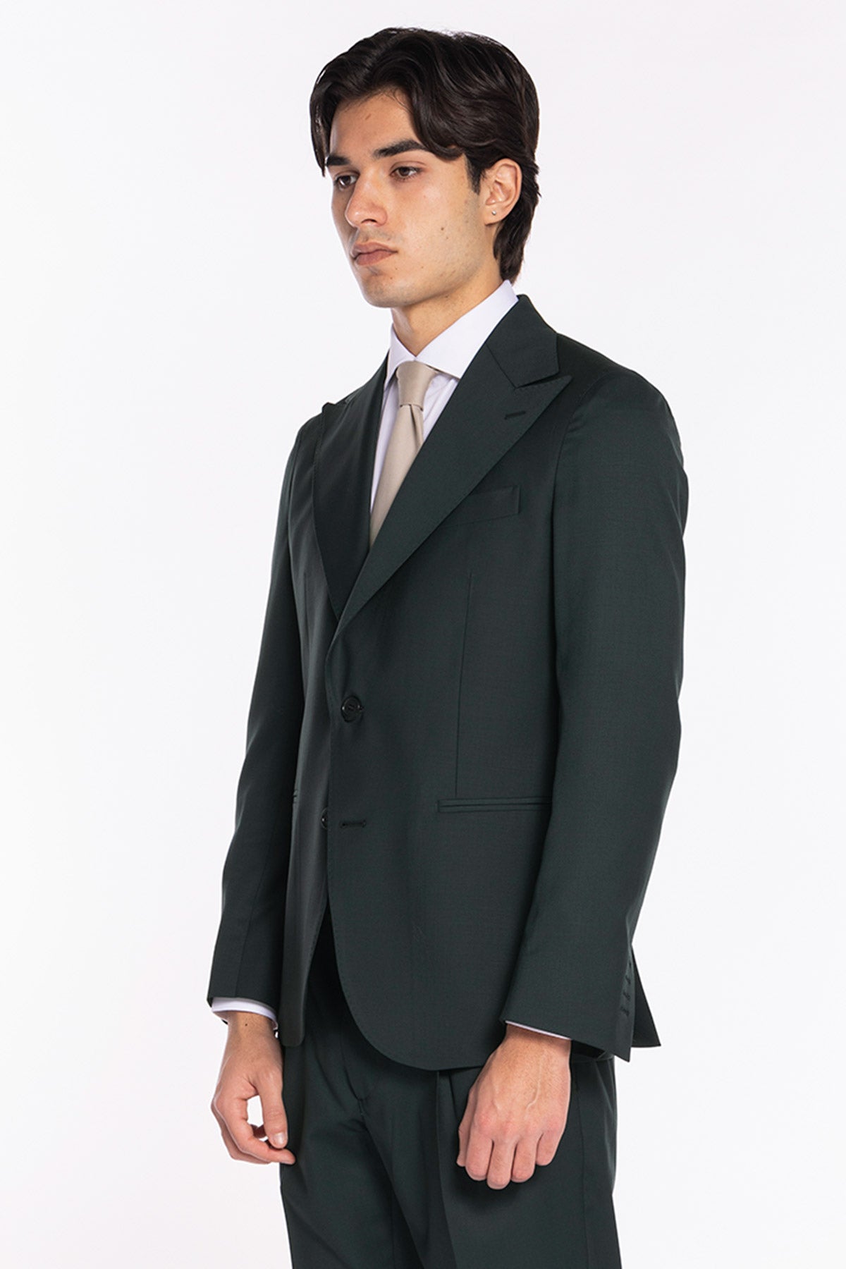 Giacca uomo monopetto verde bottiglia scuro fresco lana super 120's  gabardine Holland & Sherry Rever a lancia