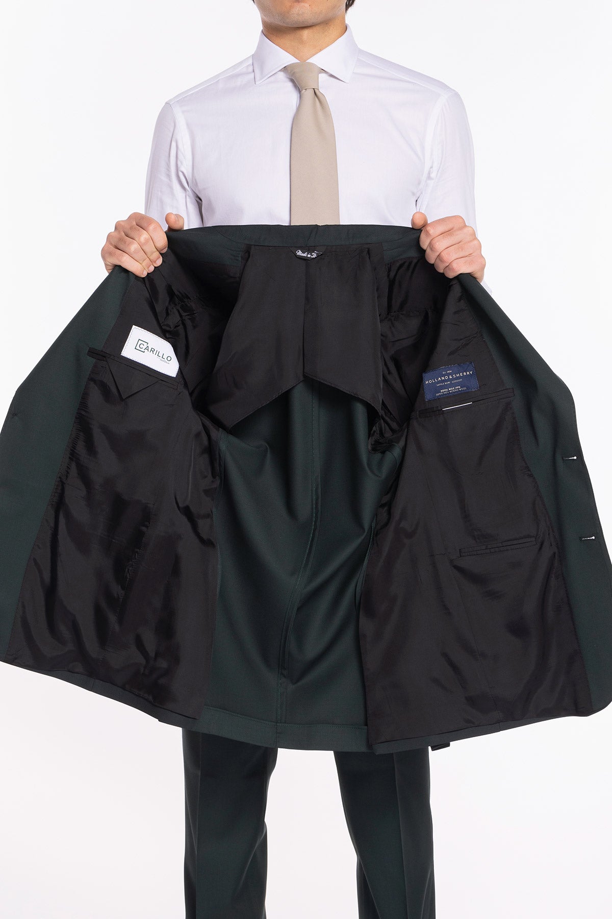 Giacca uomo monopetto verde bottiglia scuro fresco lana super 120's  gabardine Holland & Sherry Rever a lancia