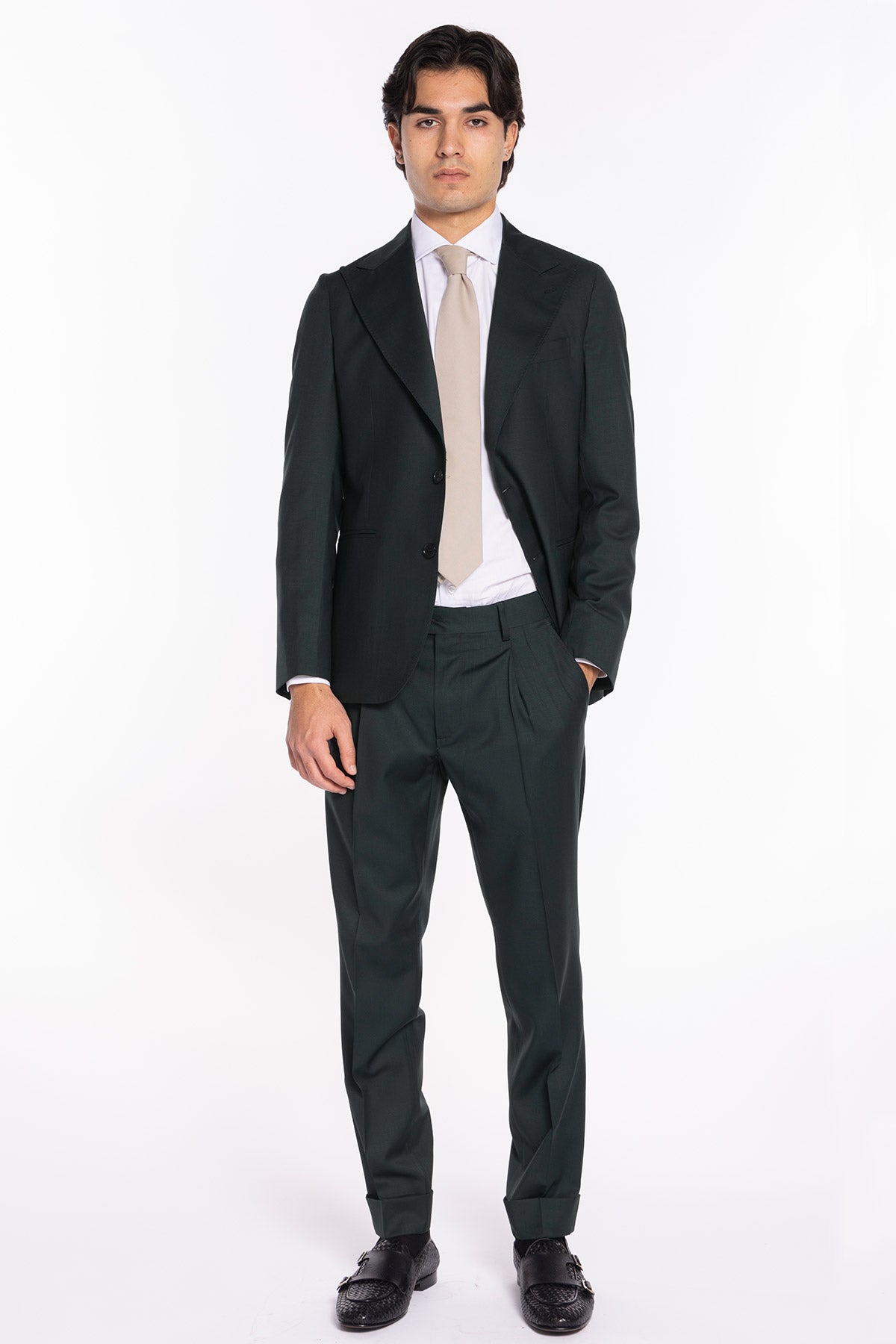 Giacca uomo monopetto verde bottiglia scuro fresco lana super 120's  gabardine Holland & Sherry Rever a lancia