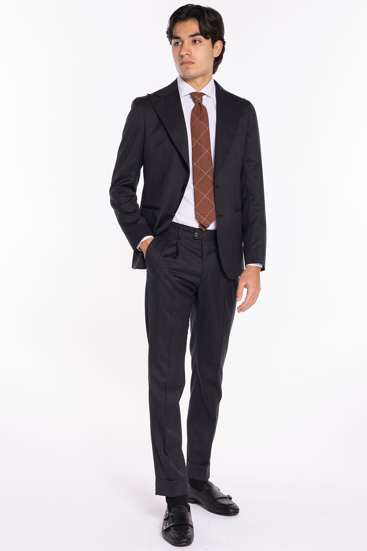 Giacca uomo monopetto grigio scuro in fresco lana super 130's Vitale Barberis Canonico Rever a lancia