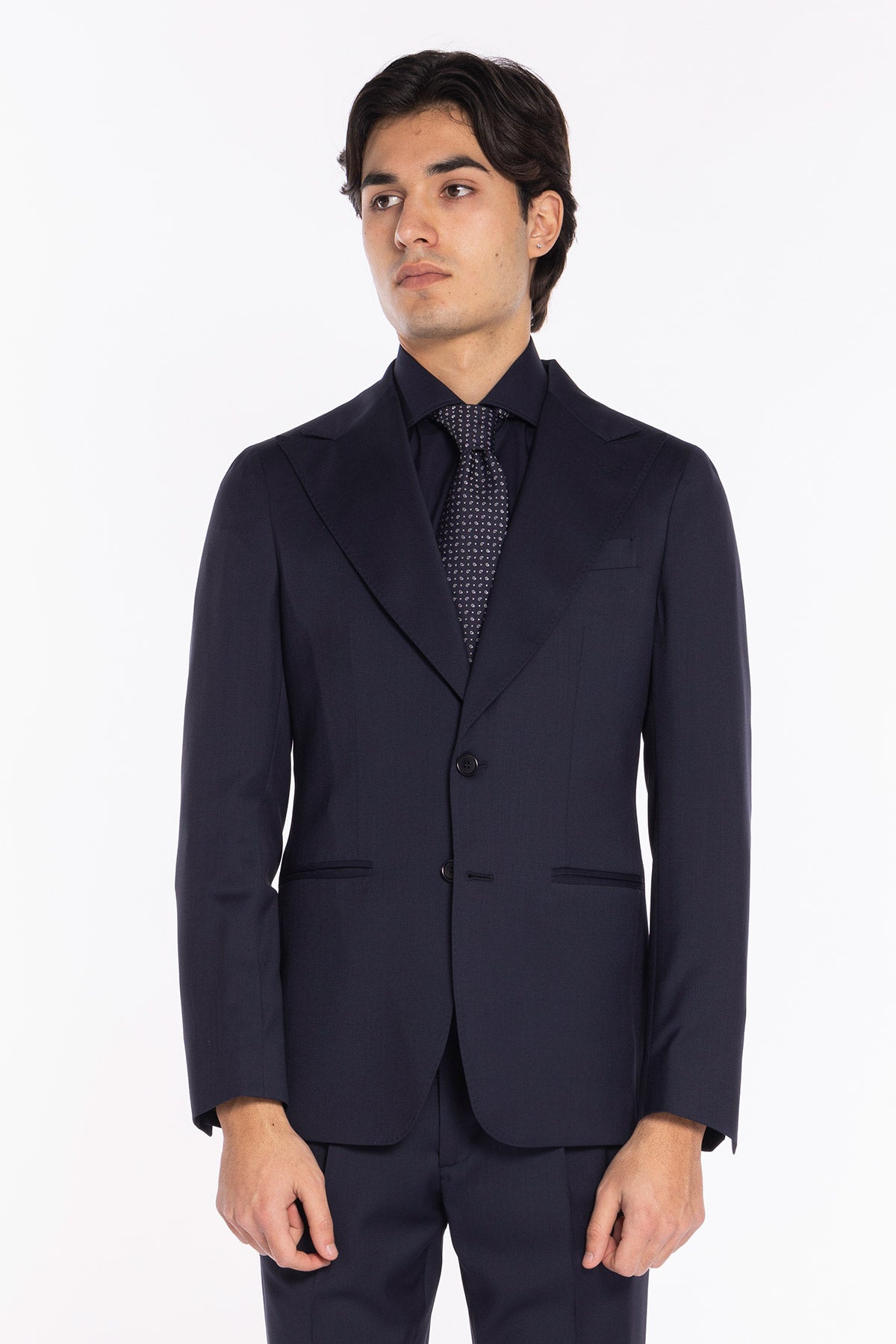 Giacca uomo monopetto blu scuro fresco lana super 130's Bristol Tessuti Napoli rever a lancia
