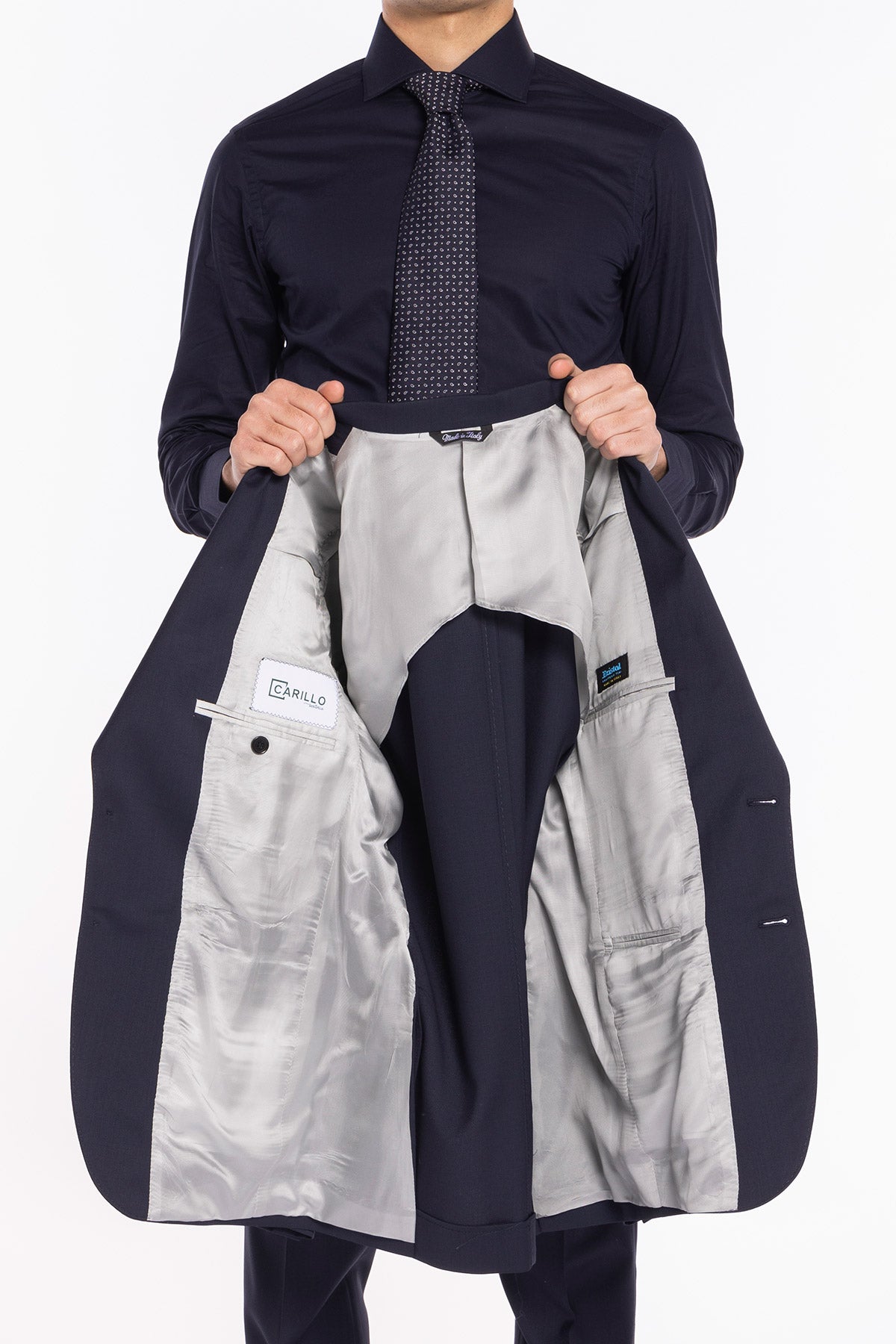 Giacca uomo monopetto blu scuro fresco lana super 130's Bristol Tessuti Napoli rever a lancia