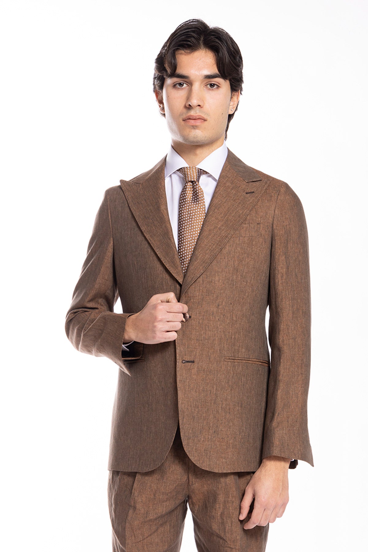 Giacca uomo monopetto marrone 100% lino Bristol Tessuti Napoli rever a lancia