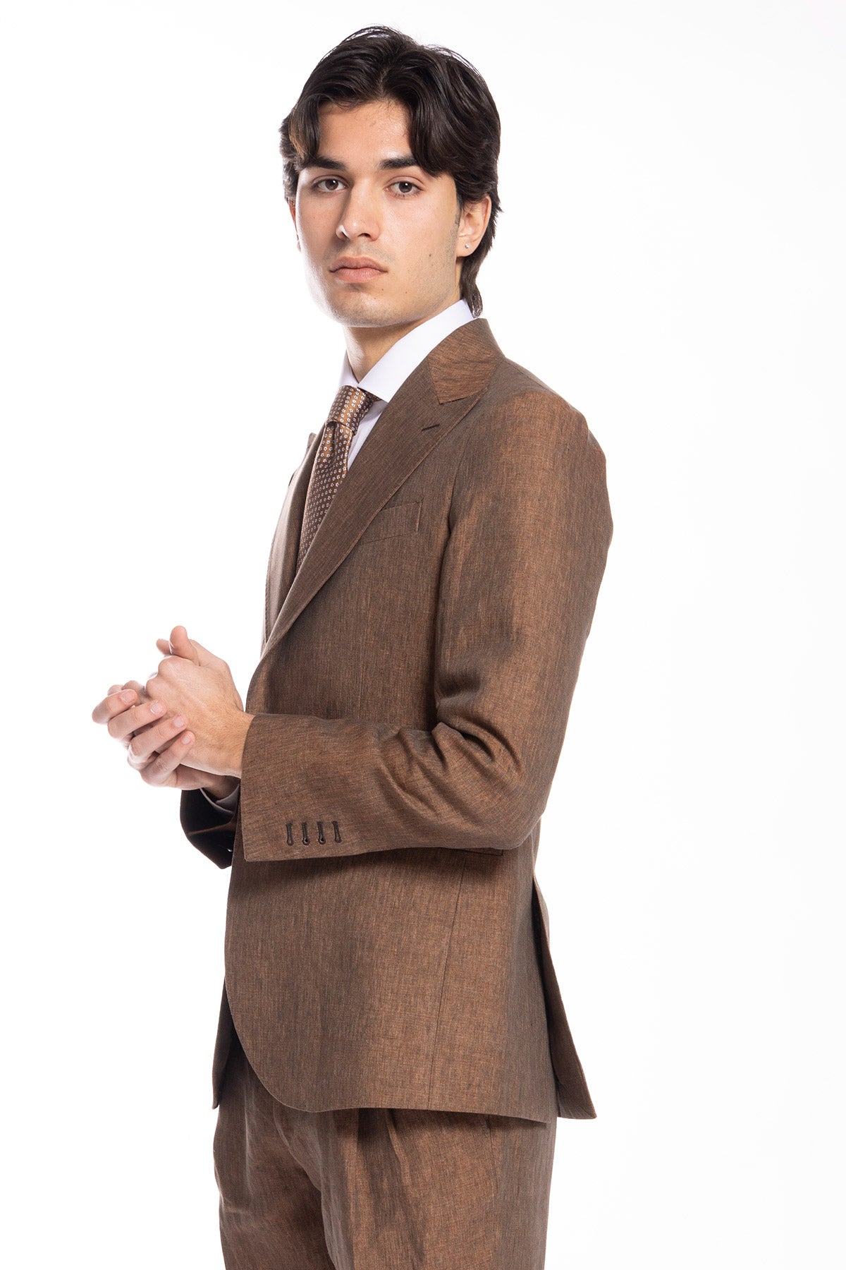 Giacca uomo monopetto marrone 100% lino Bristol Tessuti Napoli rever a lancia