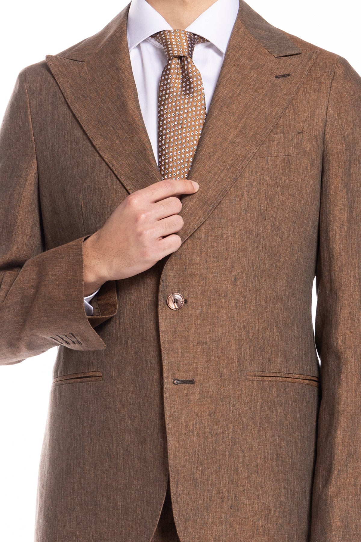 Giacca uomo monopetto marrone 100% lino Bristol Tessuti Napoli rever a lancia