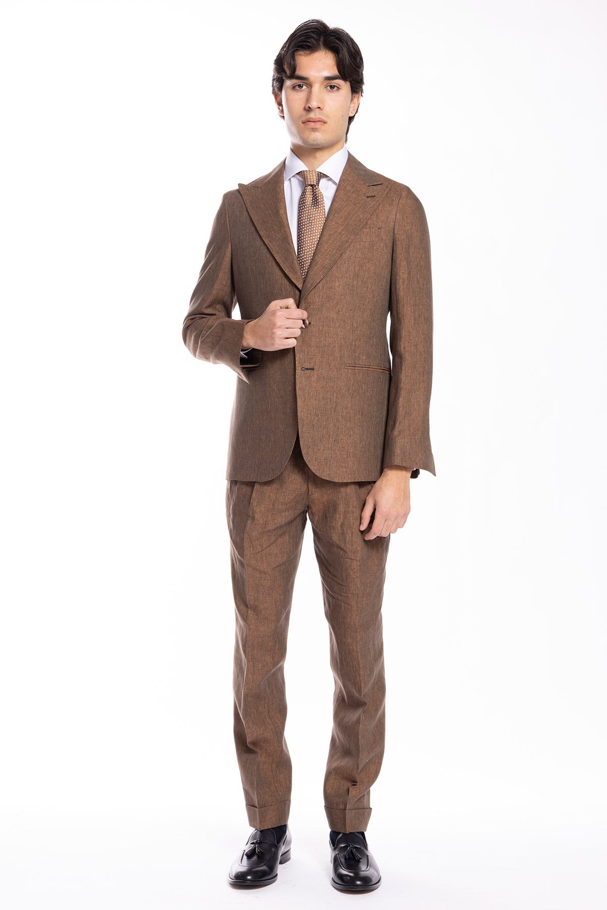 Giacca uomo monopetto marrone 100% lino Bristol Tessuti Napoli rever a lancia