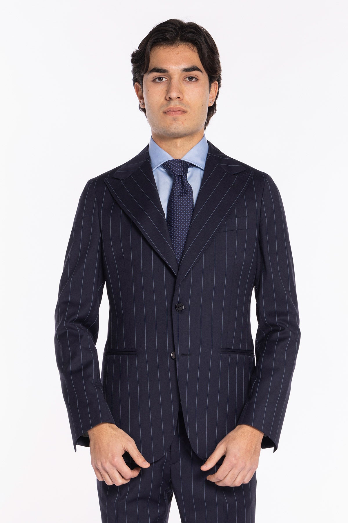 Giacca uomo monopetto blu gessata celeste fresco lana super 130's Bristol Tessuti Napoli rever a lancia