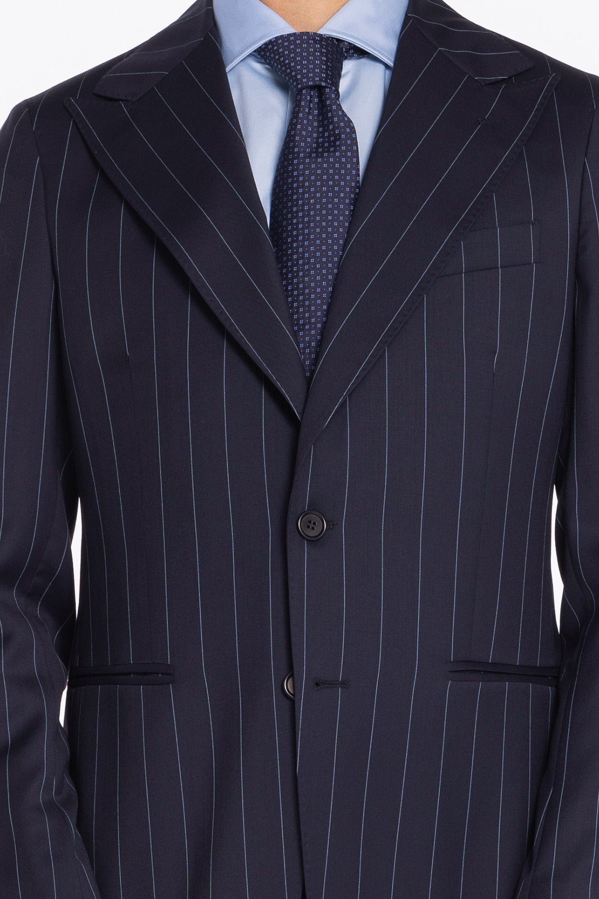 Giacca uomo monopetto blu gessata celeste fresco lana super 130's Bristol Tessuti Napoli rever a lancia