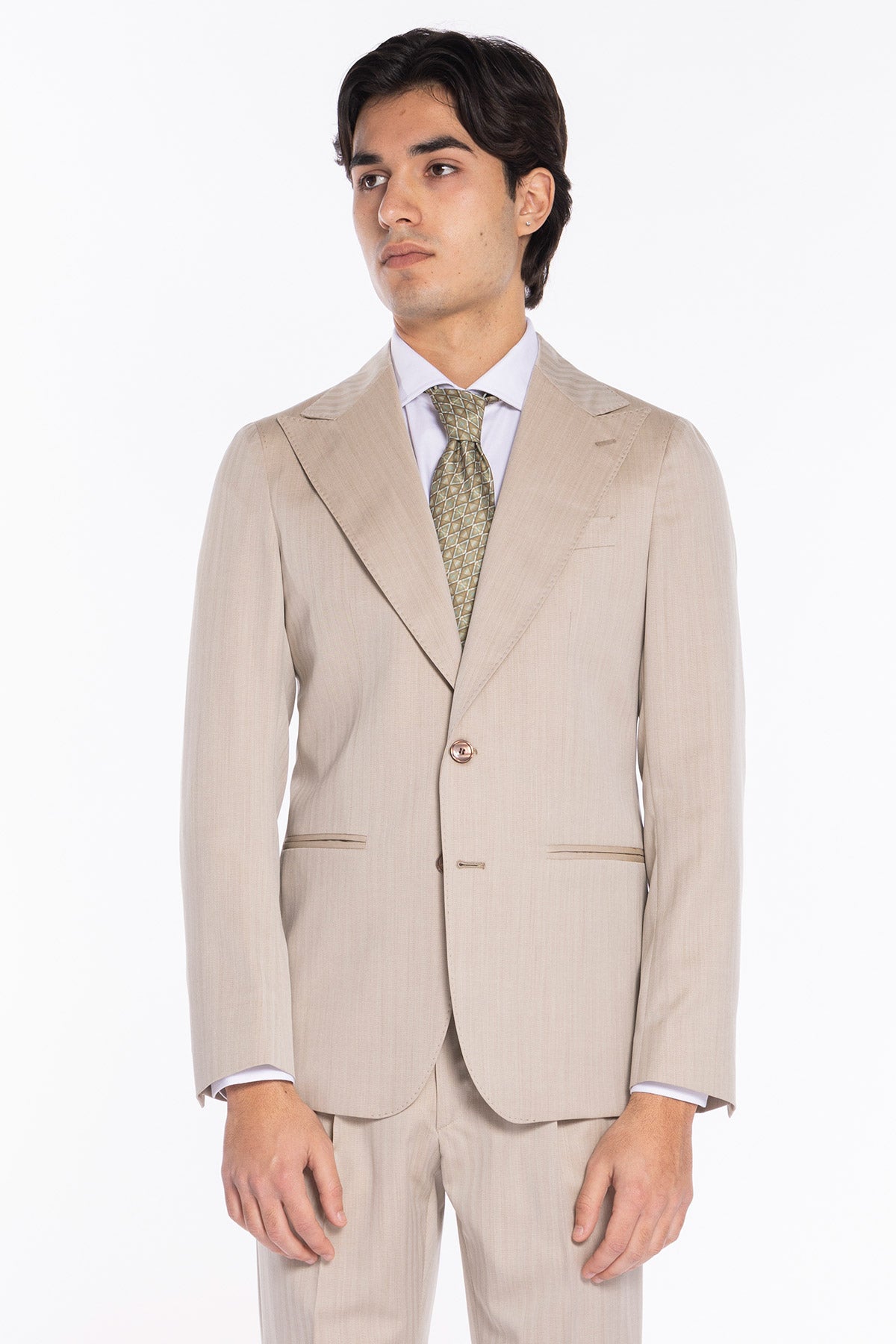 Giacca uomo monopetto Beige solaro fresco lana Bristol Tessuti Napoli rever a lancia