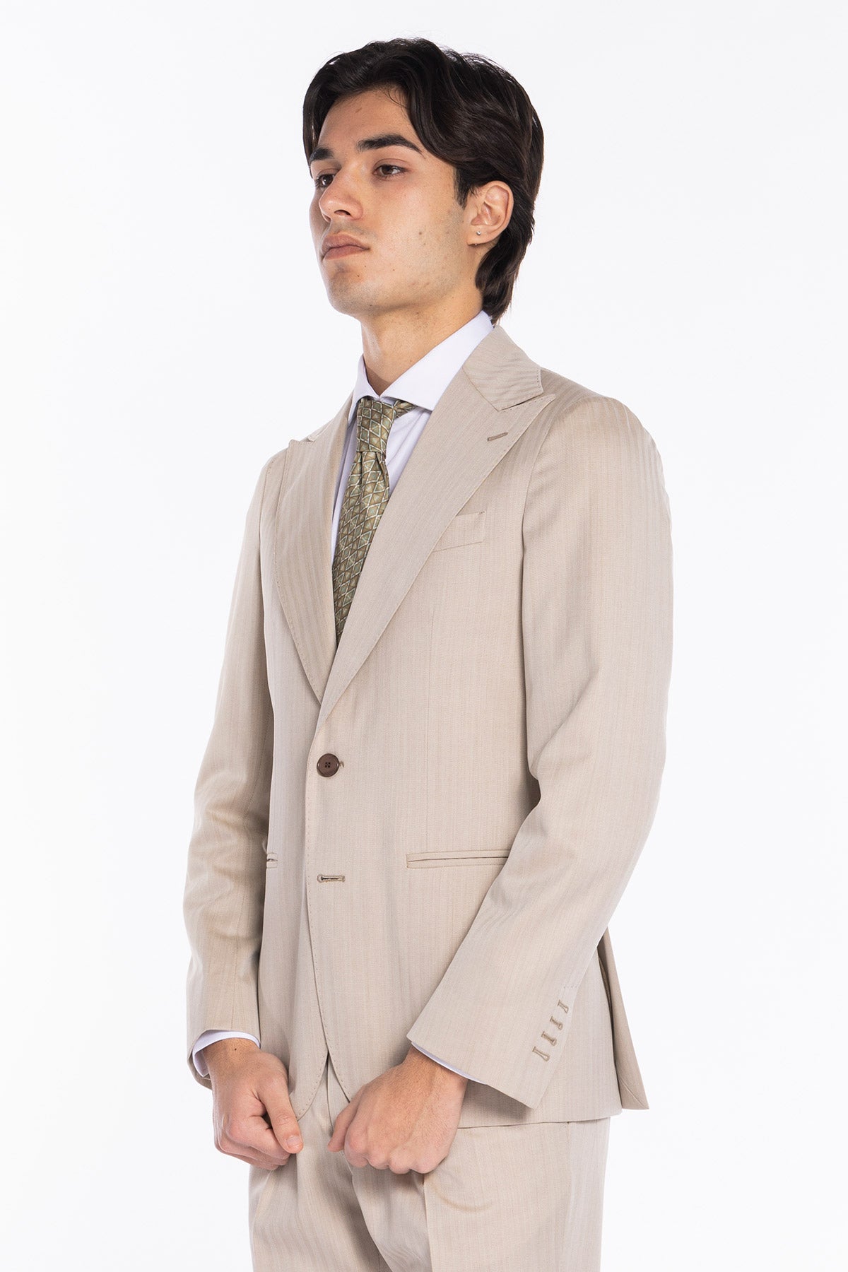 Giacca uomo monopetto Beige solaro fresco lana Bristol Tessuti Napoli rever a lancia