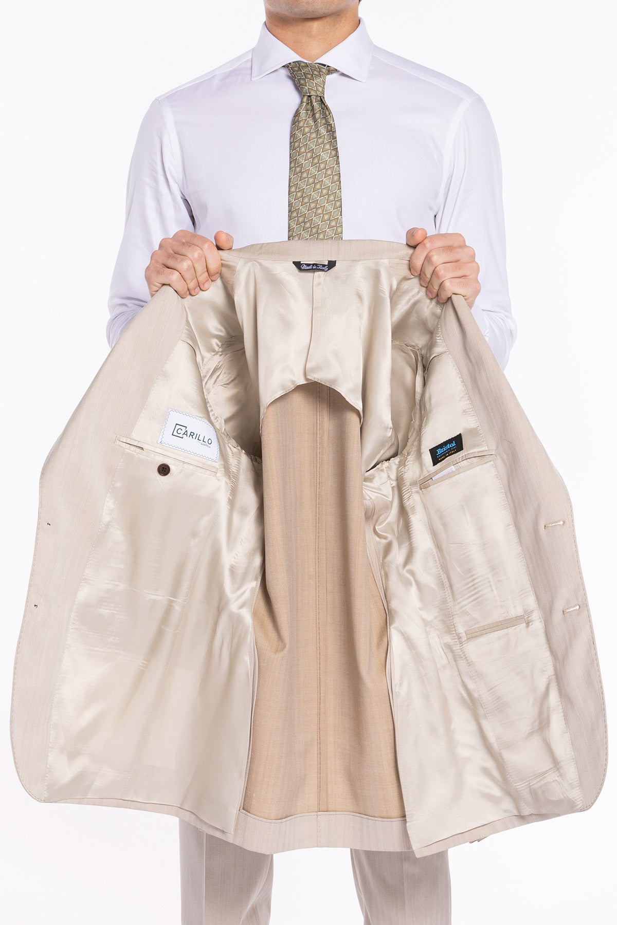 Giacca uomo monopetto Beige solaro fresco lana Bristol Tessuti Napoli rever a lancia