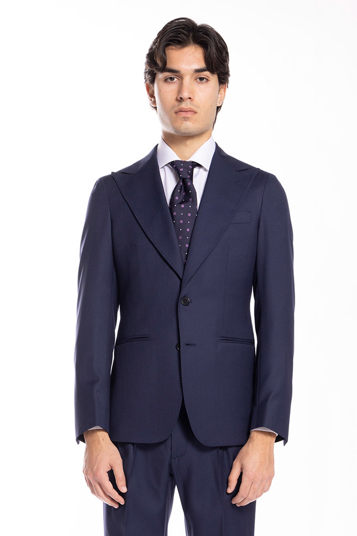 Giacca uomo monopetto blu spigata fresco lana super 130's Bristol Tessuti Napoli rever a lancia