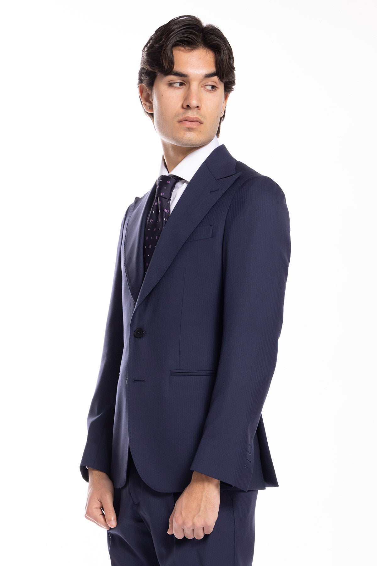 Giacca uomo monopetto blu spigata fresco lana super 130's Bristol Tessuti Napoli rever a lancia