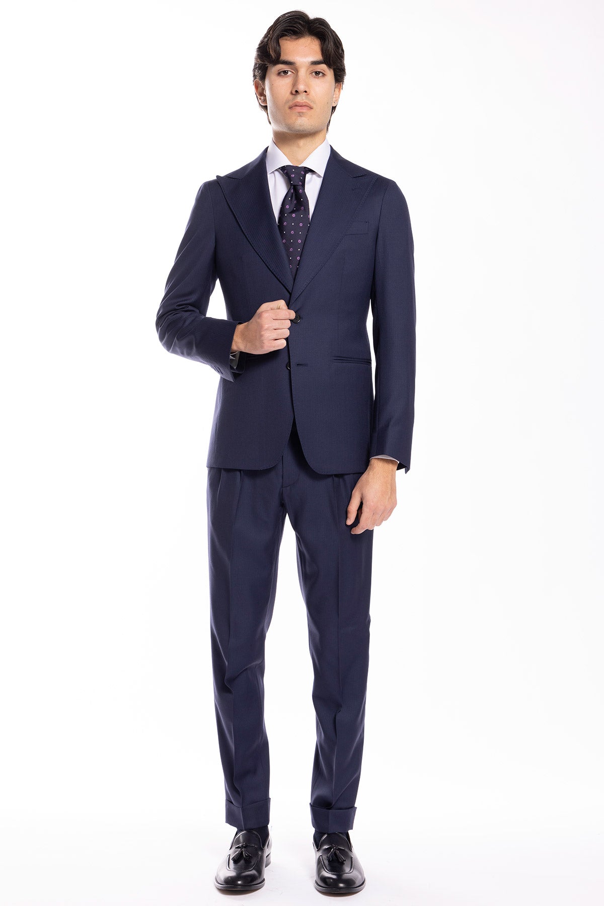 Giacca uomo monopetto blu spigata fresco lana super 130's Bristol Tessuti Napoli rever a lancia