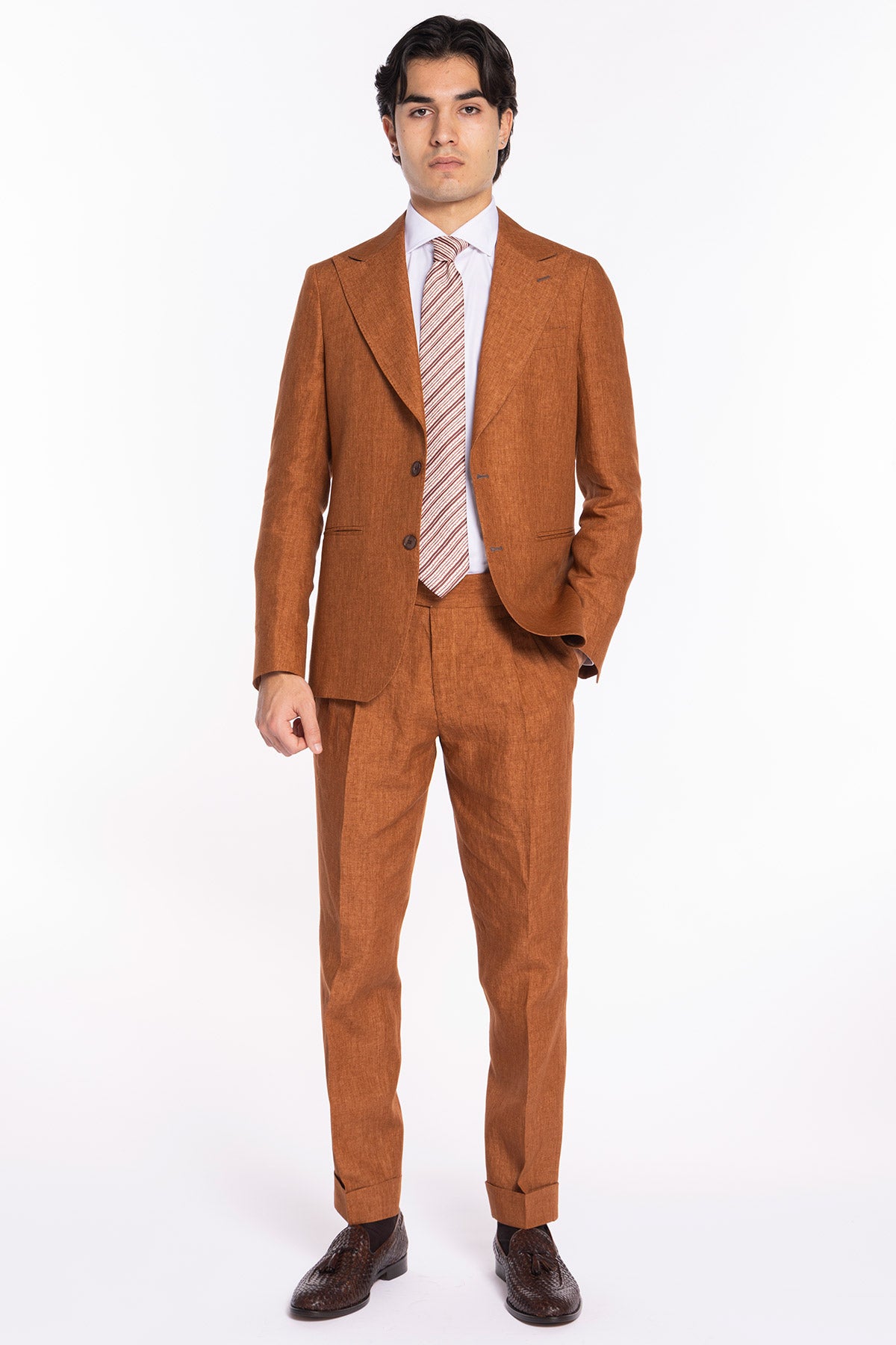Giacca uomo monopetto arancio 100% lino Bristol Tessuti Napoli rever a lancia