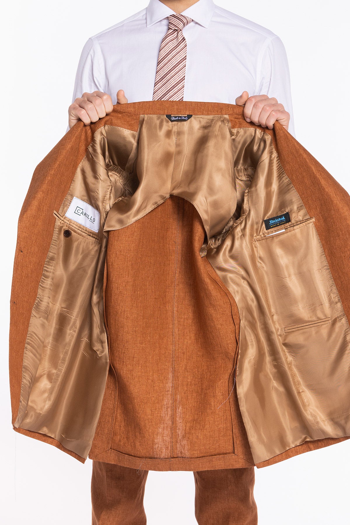 Giacca uomo monopetto arancio 100% lino Bristol Tessuti Napoli rever a lancia