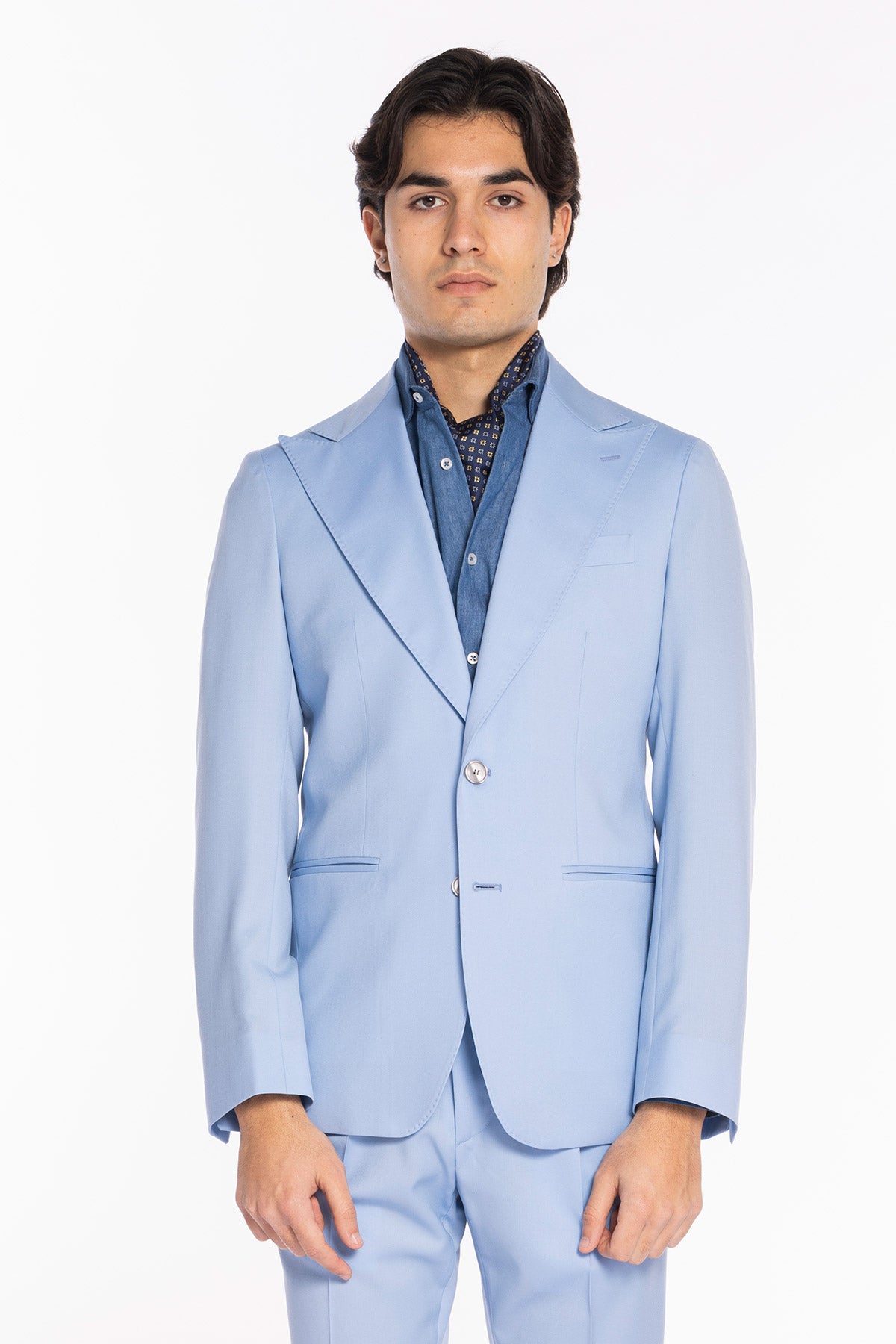 Giacca uomo monopetto azzurro fresco lana super 130's Bristol Tessuti Napoli rever a lancia