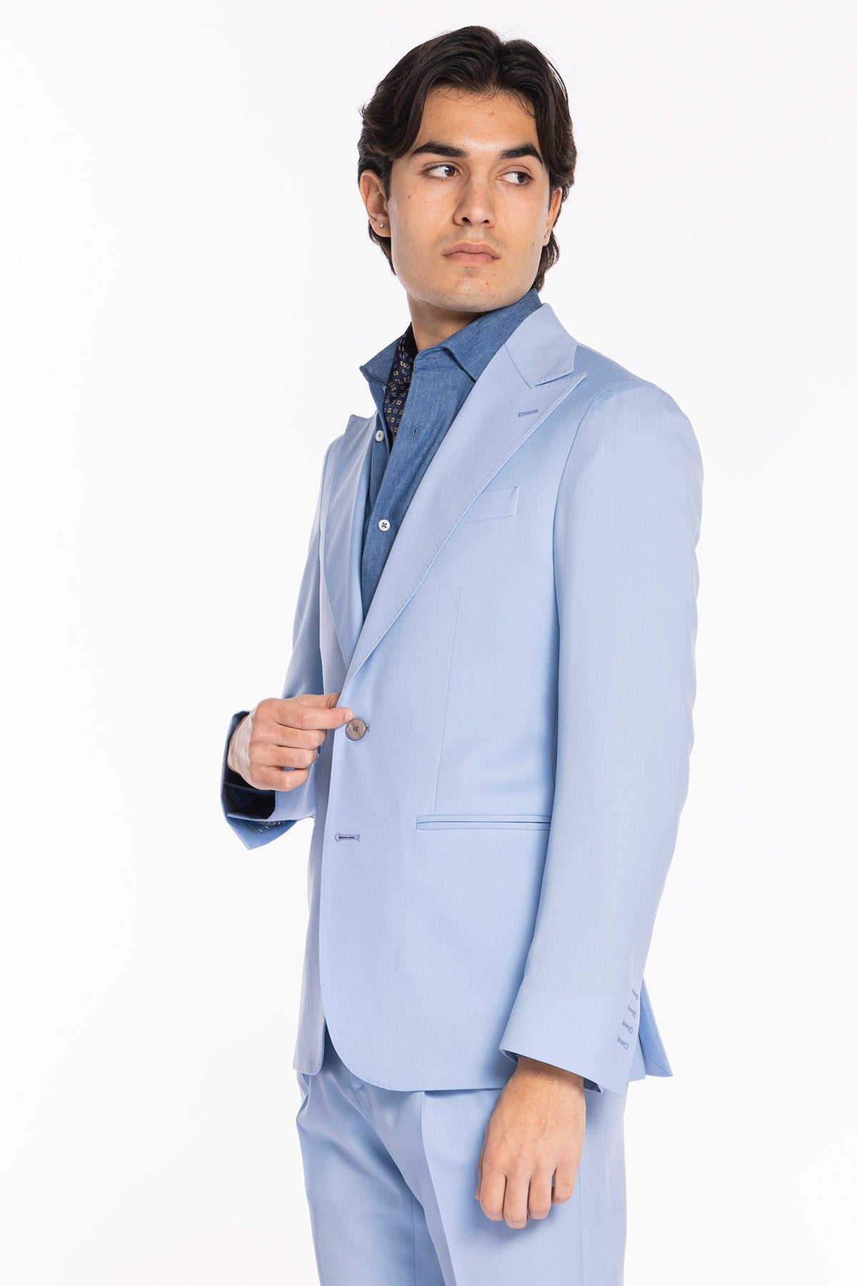 Giacca uomo monopetto azzurro fresco lana super 130's Bristol Tessuti Napoli rever a lancia