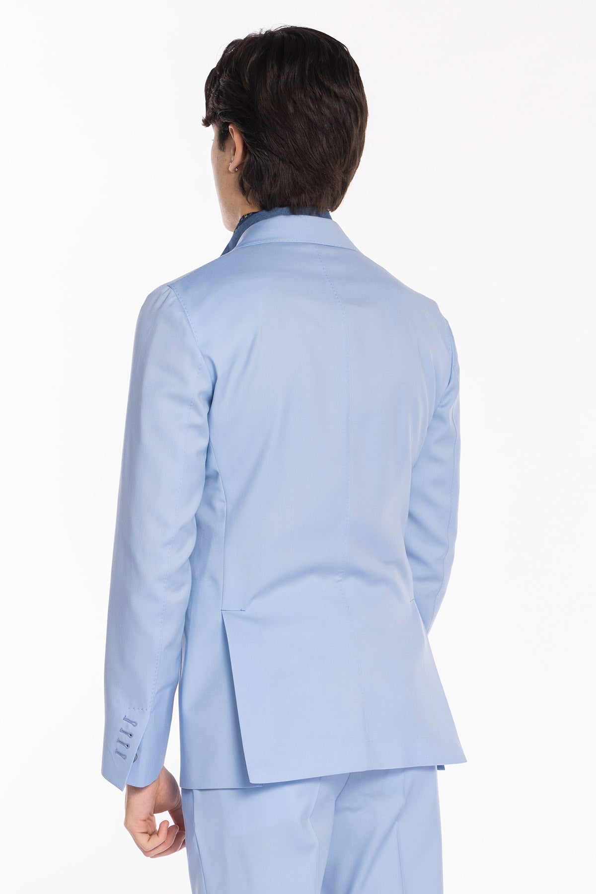 Giacca uomo monopetto azzurro fresco lana super 130's Bristol Tessuti Napoli rever a lancia