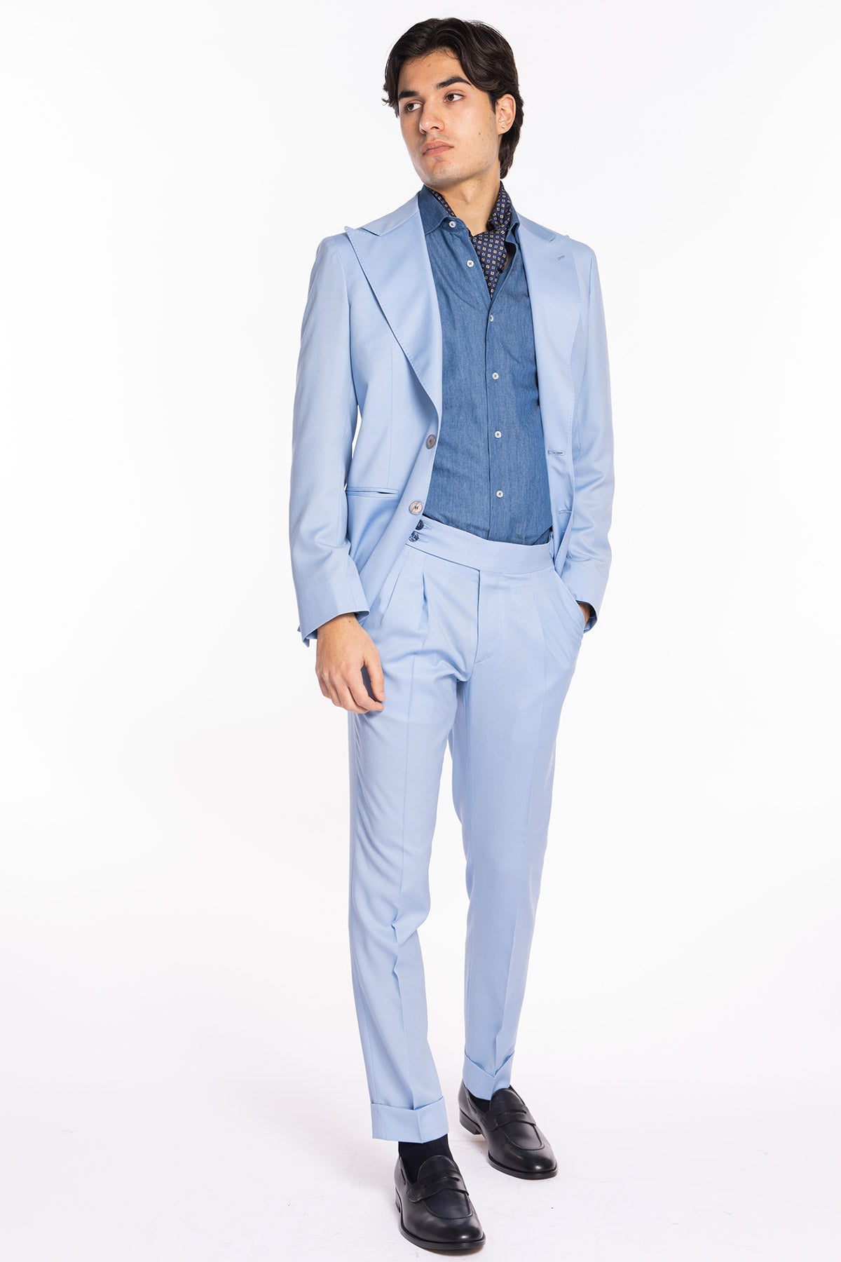 Giacca uomo monopetto azzurro fresco lana super 130's Bristol Tessuti Napoli rever a lancia