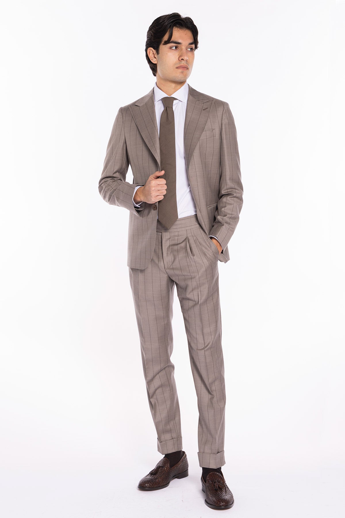 Giacca uomo monopetto beige gessata marrone fresco lana super 150's Bristol Tessuti Napoli rever a lancia