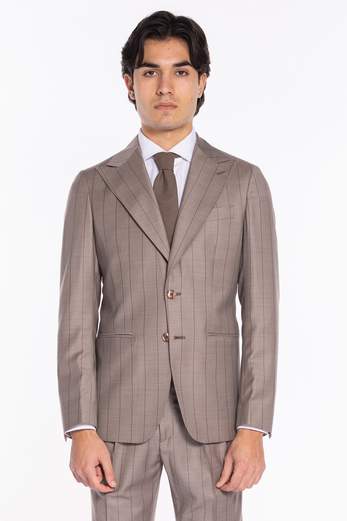 Giacca uomo monopetto beige gessata marrone fresco lana super 150's Bristol Tessuti Napoli rever a lancia