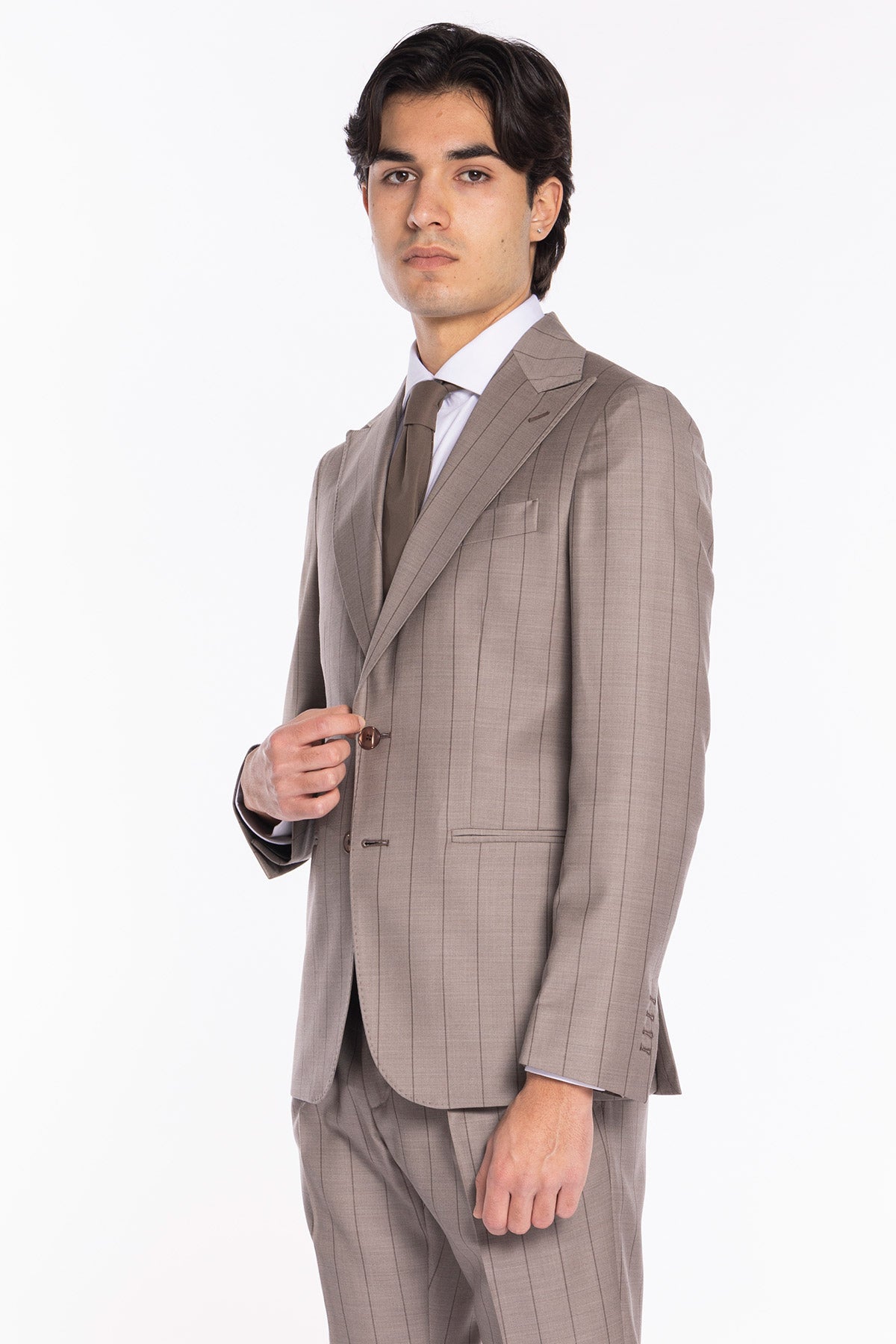 Giacca uomo monopetto beige gessata marrone fresco lana super 150's Bristol Tessuti Napoli rever a lancia