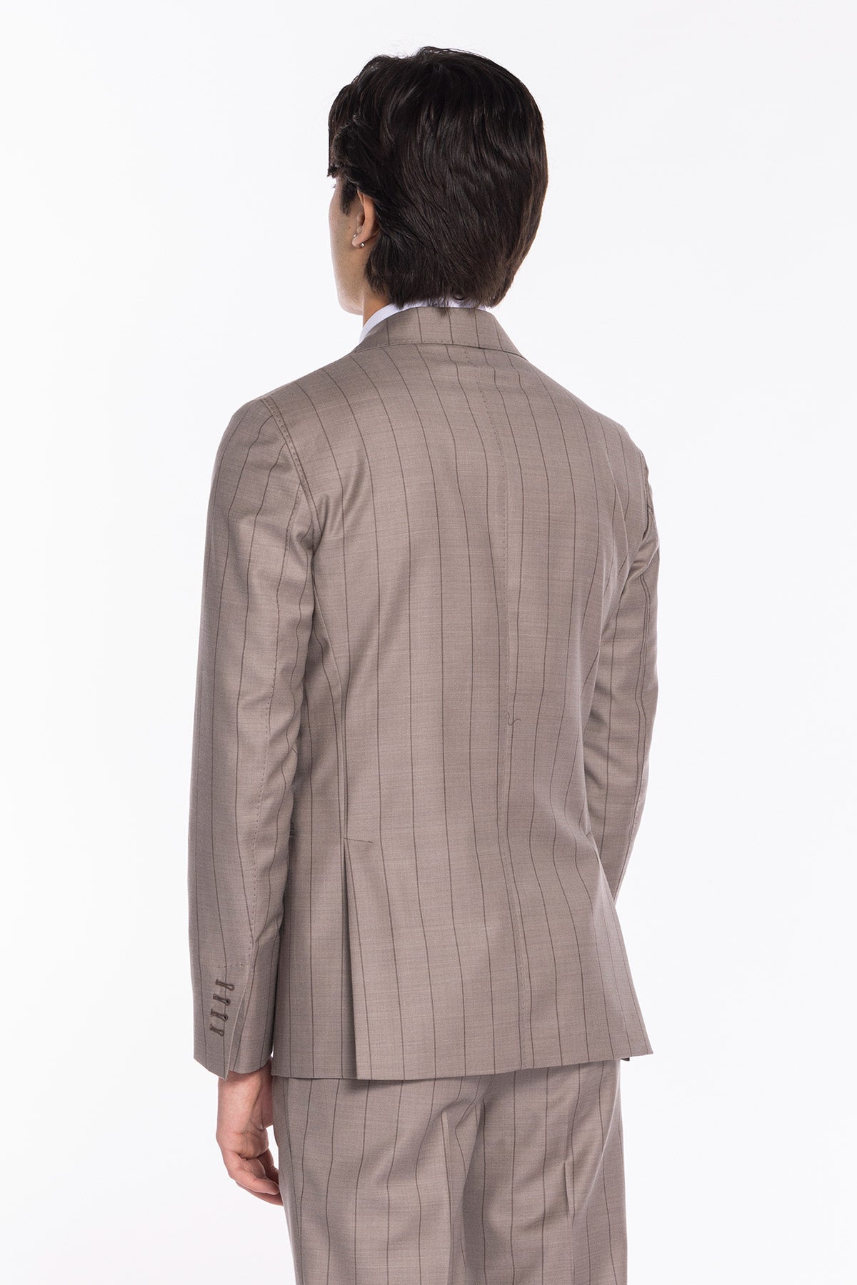 Giacca uomo monopetto beige gessata marrone fresco lana super 150's Bristol Tessuti Napoli rever a lancia