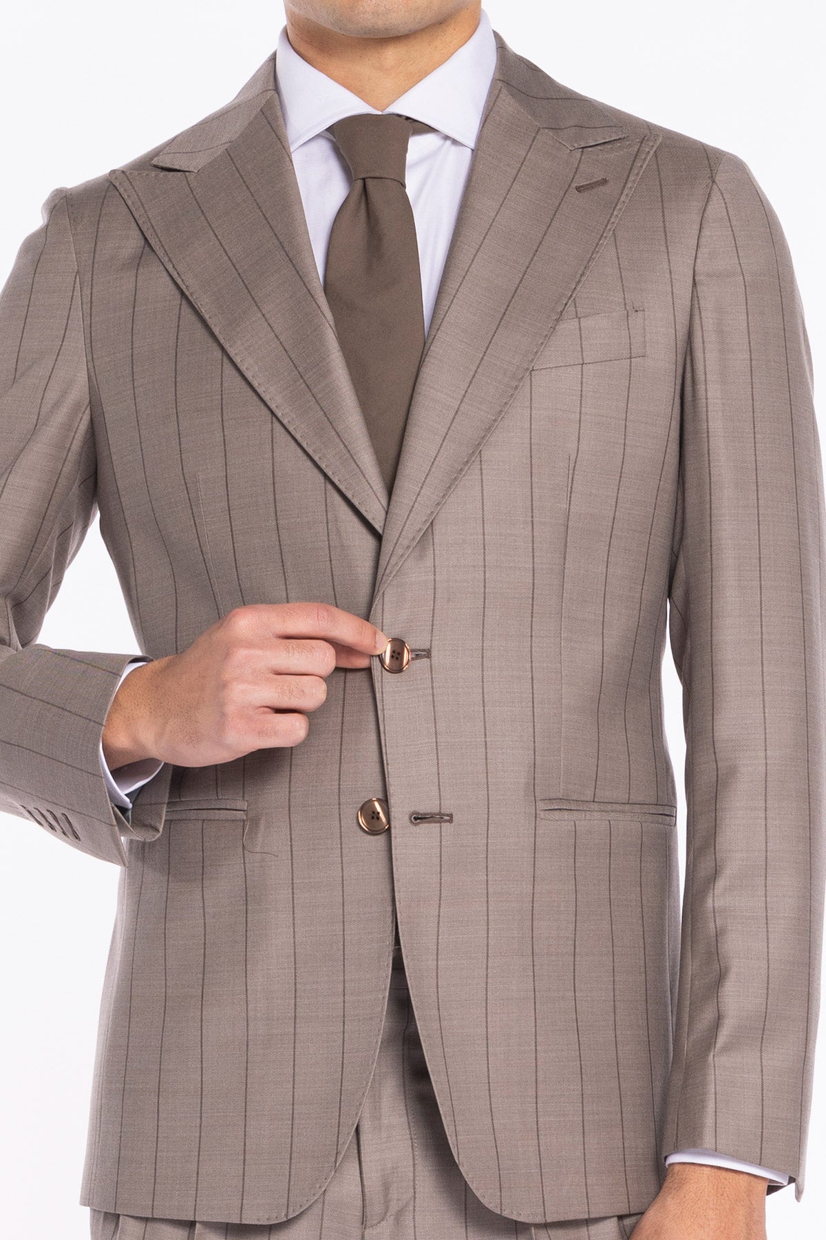 Giacca uomo monopetto beige gessata marrone fresco lana super 150's Bristol Tessuti Napoli rever a lancia