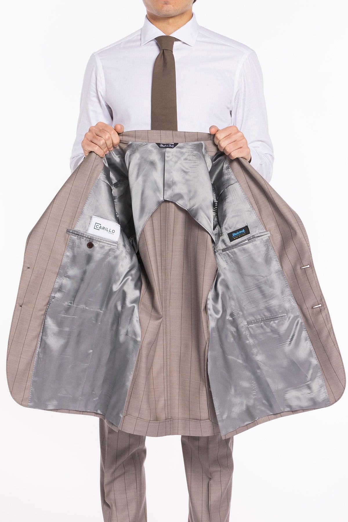 Giacca uomo monopetto beige gessata marrone fresco lana super 150's Bristol Tessuti Napoli rever a lancia