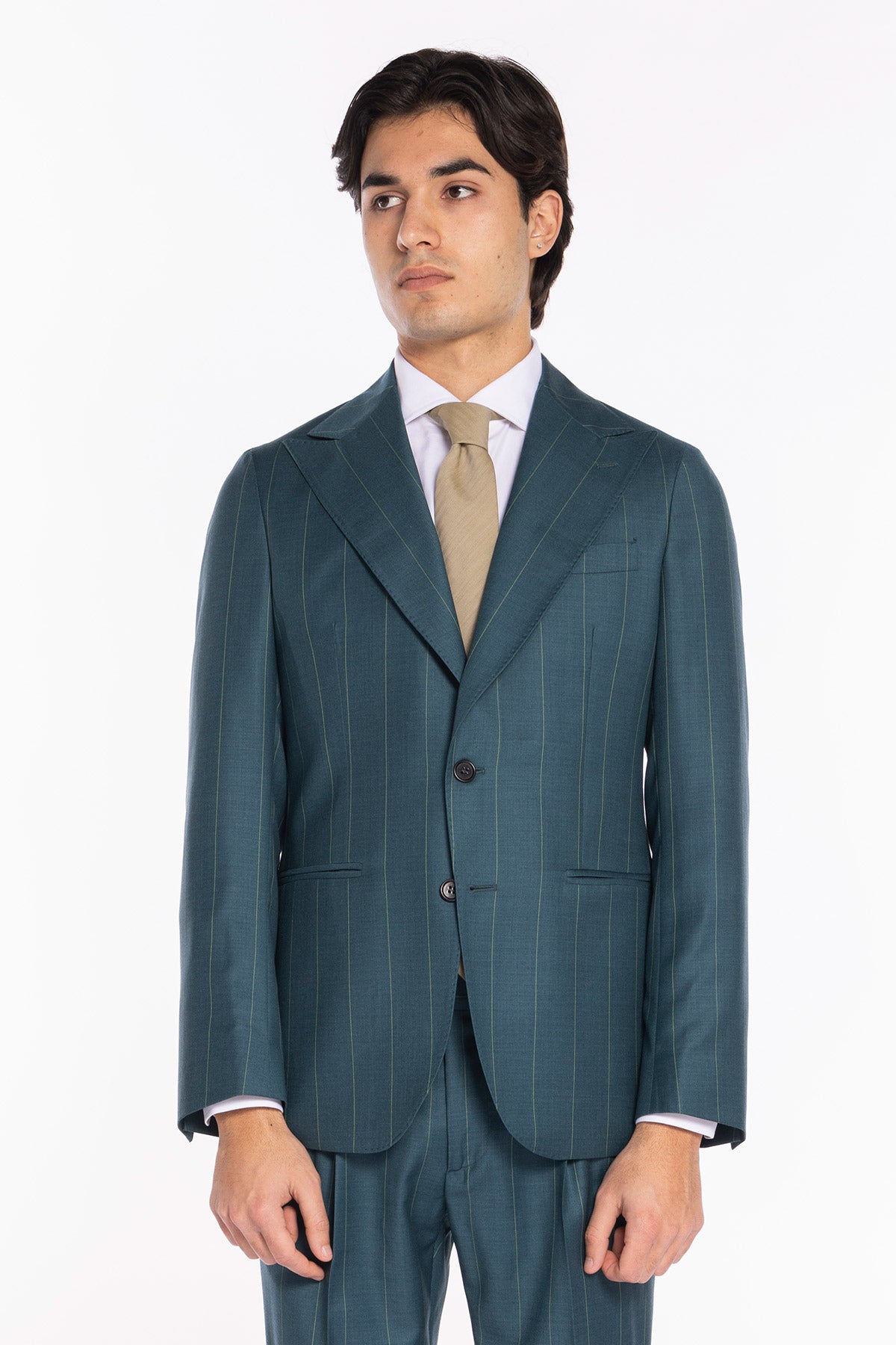 Giacca uomo monopetto verde gessata fresco lana super 150's Bristol Tessuti Napoli rever a lancia