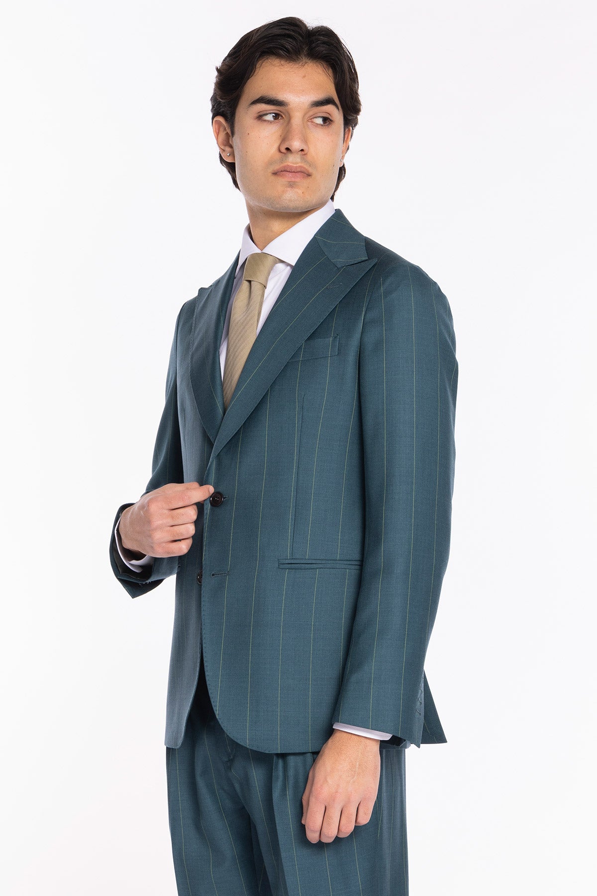 Giacca uomo monopetto verde gessata fresco lana super 150's Bristol Tessuti Napoli rever a lancia