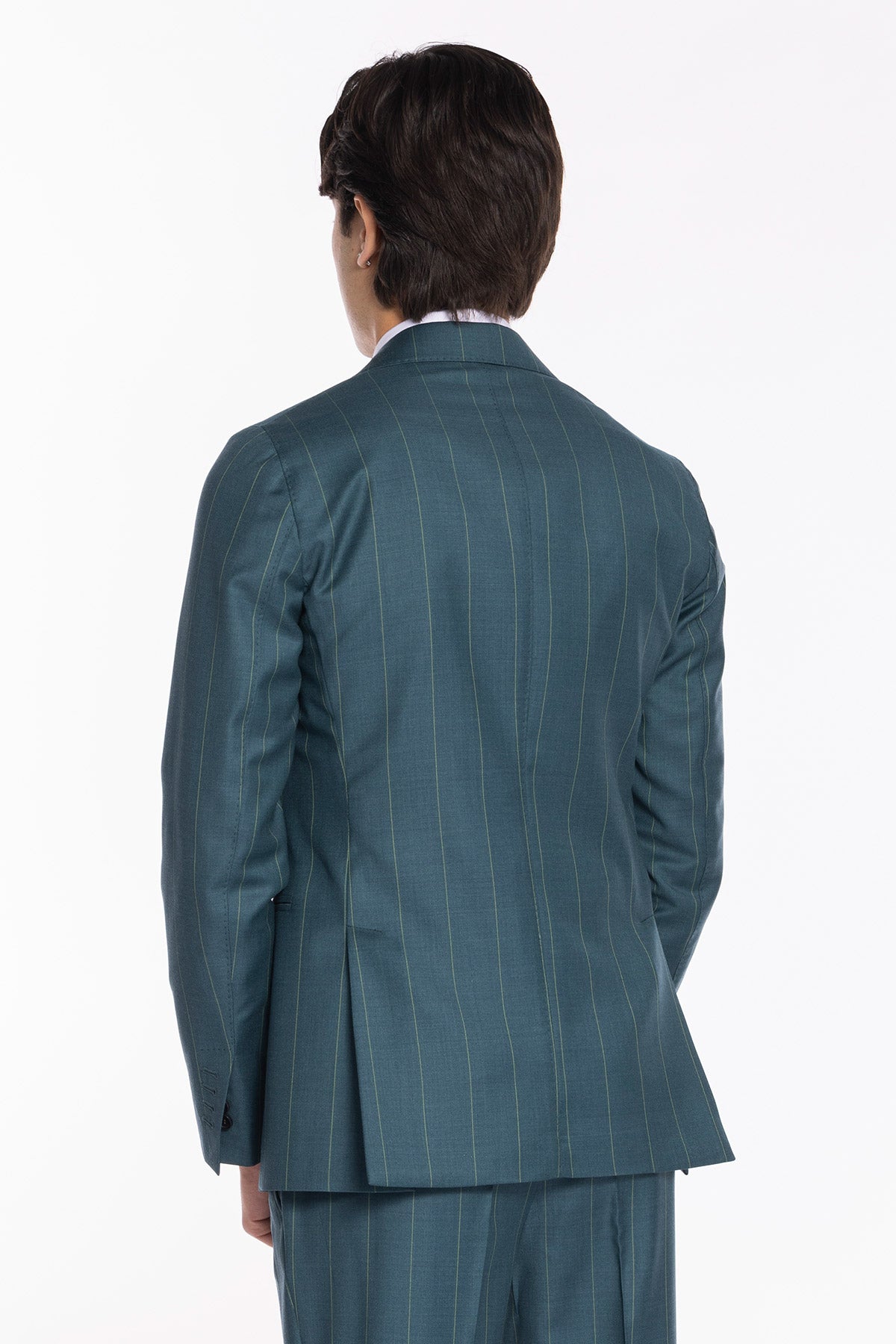 Giacca uomo monopetto verde gessata fresco lana super 150's Bristol Tessuti Napoli rever a lancia