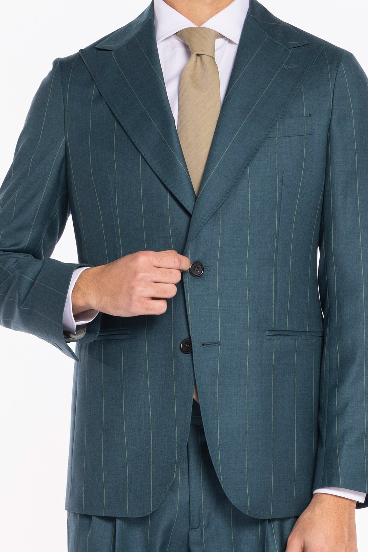 Giacca uomo monopetto verde gessata fresco lana super 150's Bristol Tessuti Napoli rever a lancia