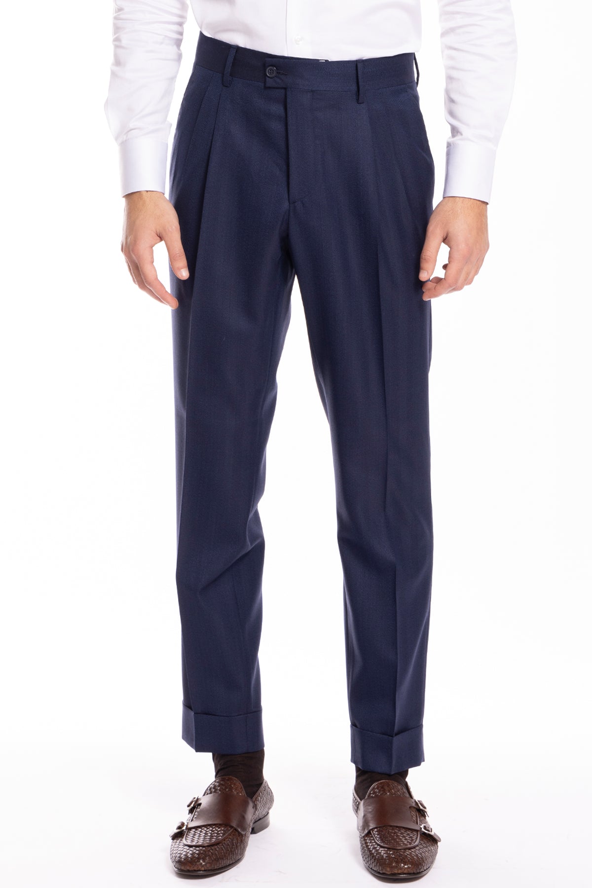 Pantalone uomo blu spigato vita alta doppia pince  in fresco lana 100% Vitale Barberis Canonico