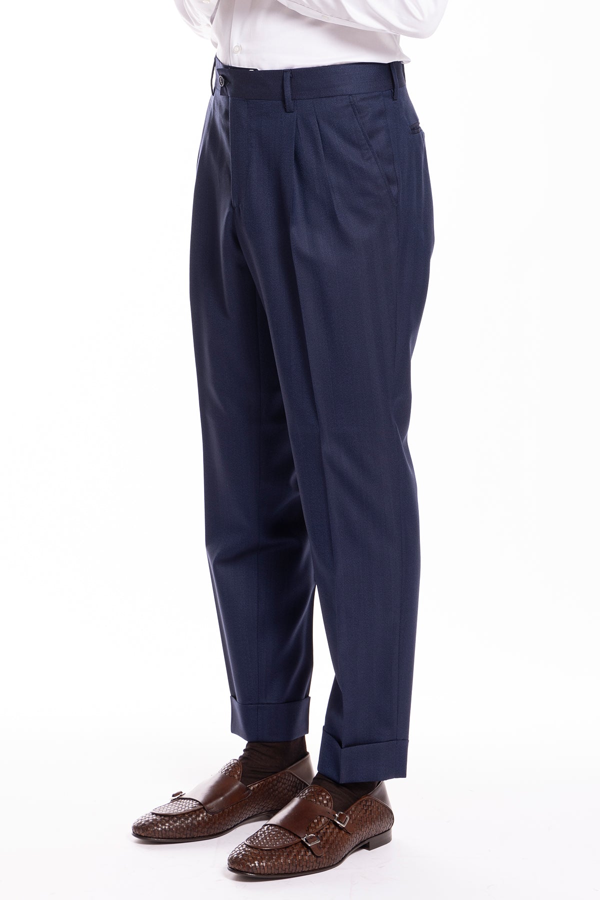Pantalone uomo blu spigato vita alta doppia pince  in fresco lana 100% Vitale Barberis Canonico