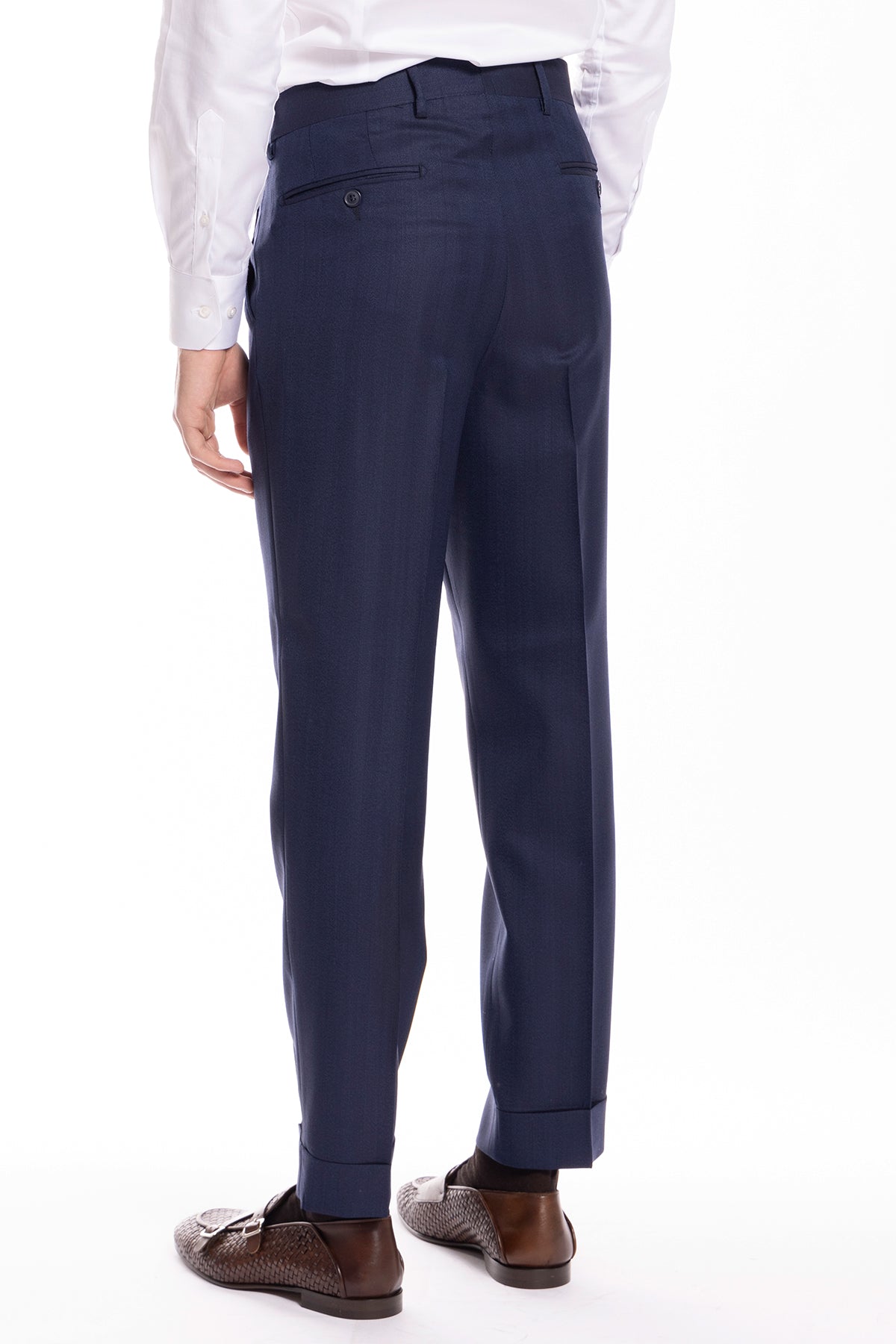Pantalone uomo blu spigato vita alta doppia pince  in fresco lana 100% Vitale Barberis Canonico