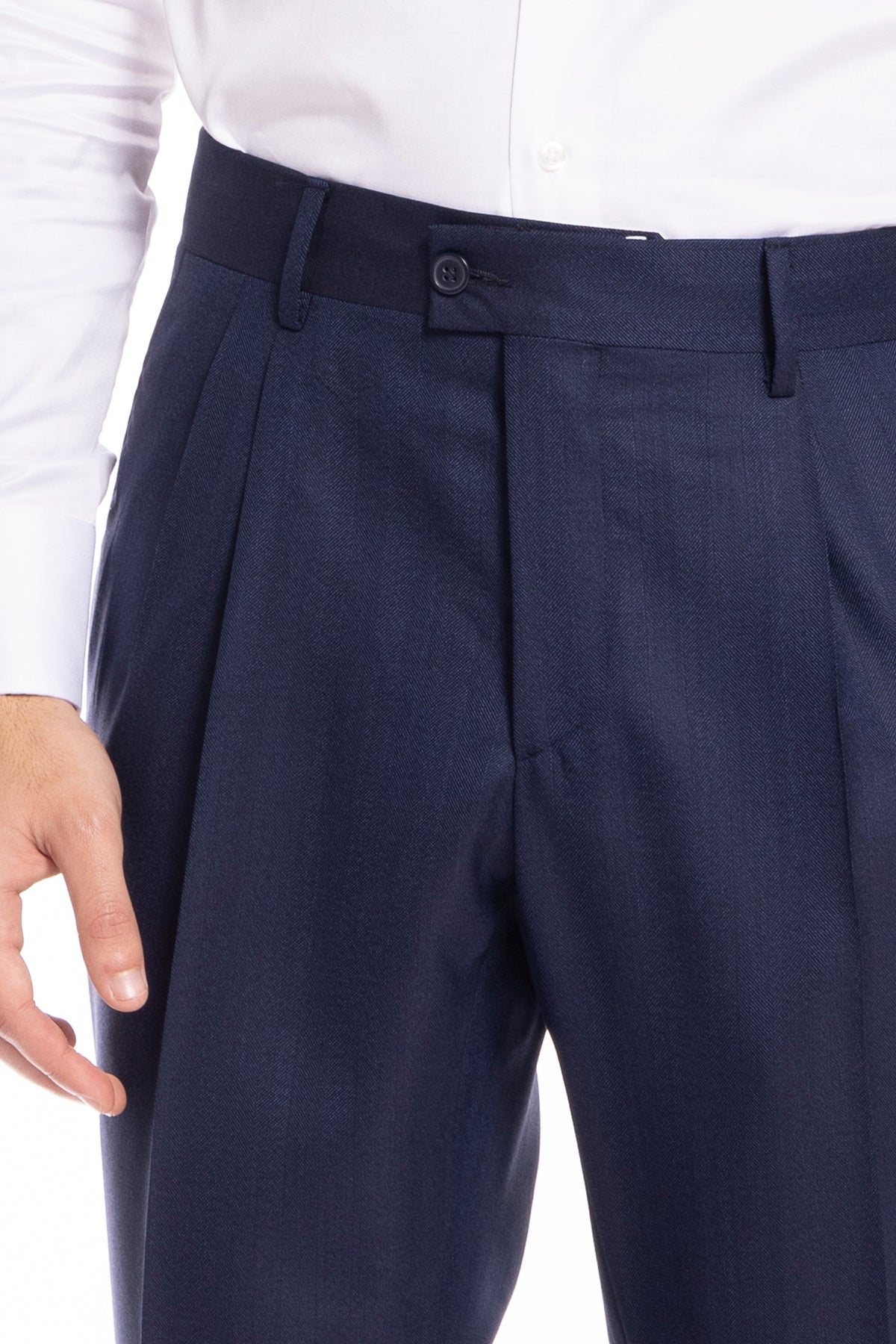 Pantalone uomo blu spigato vita alta doppia pince  in fresco lana 100% Vitale Barberis Canonico