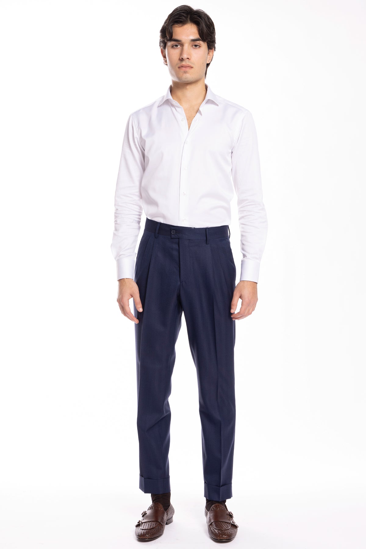 Pantalone uomo blu spigato vita alta doppia pince  in fresco lana 100% Vitale Barberis Canonico