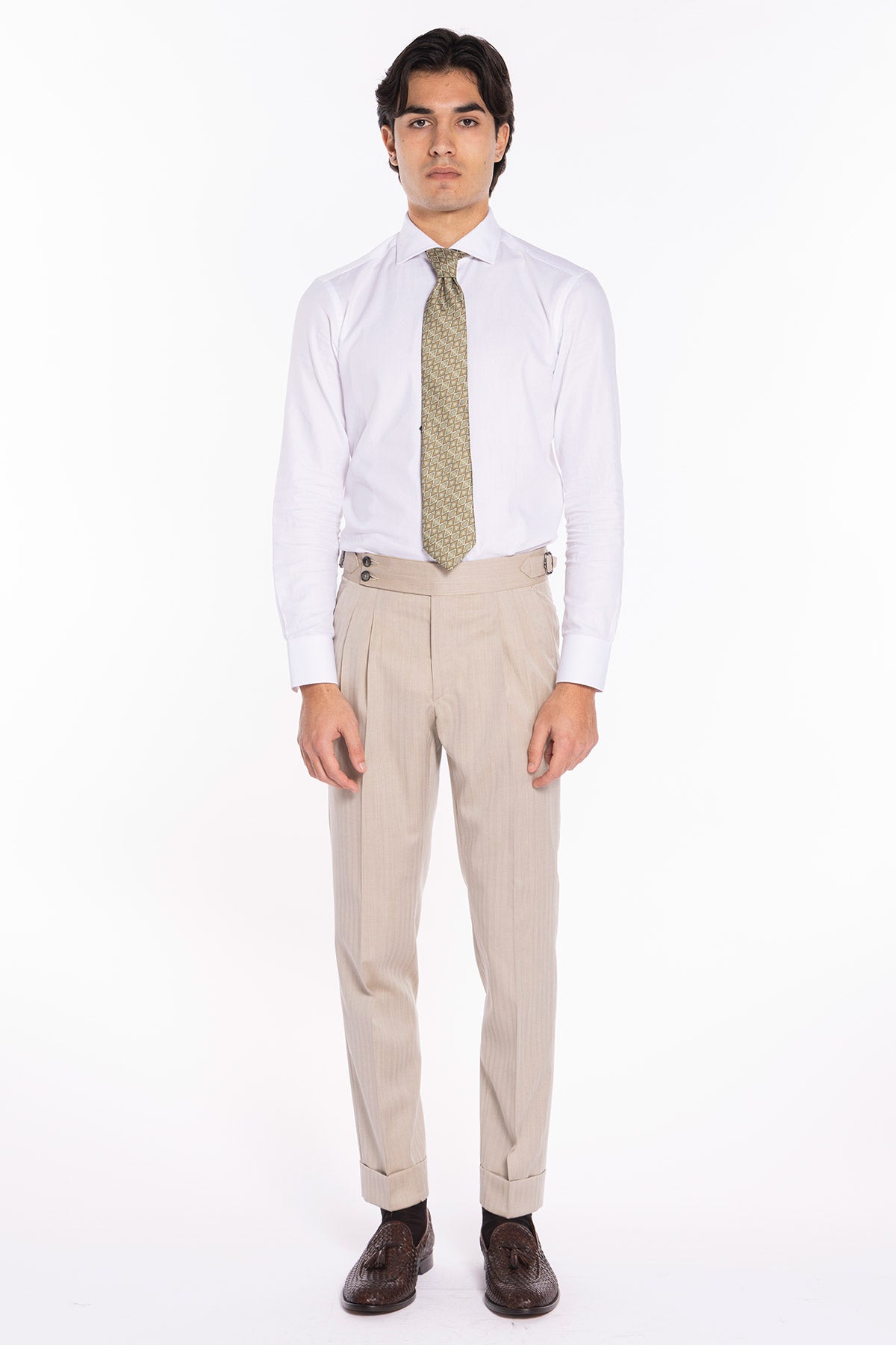 Pantalone uomo beige Solaro in fresco lana al 100% Bristol tessuti Napoli vita alta fibbie laterali