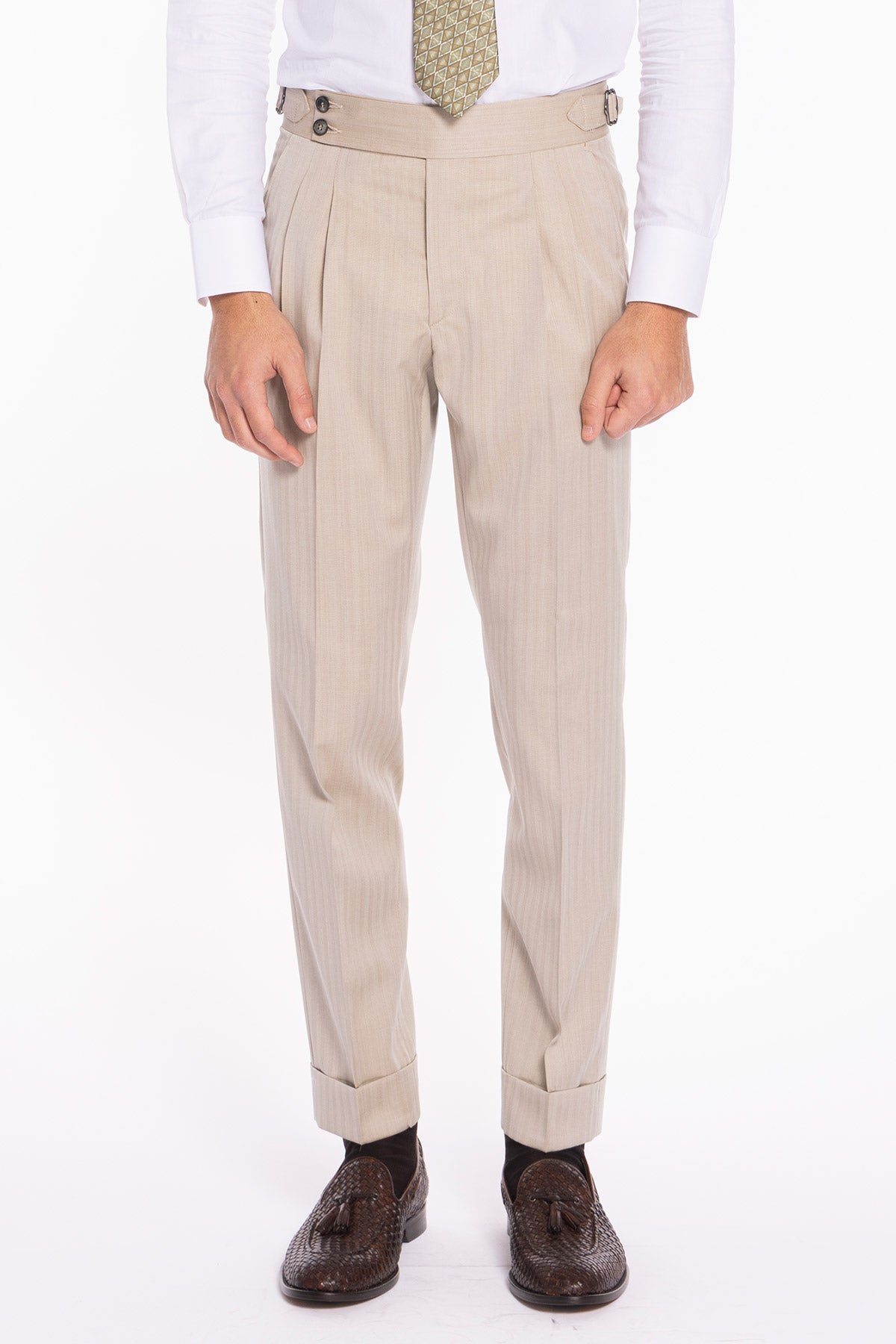 Pantalone uomo beige Solaro in fresco lana al 100% Bristol tessuti Napoli vita alta fibbie laterali