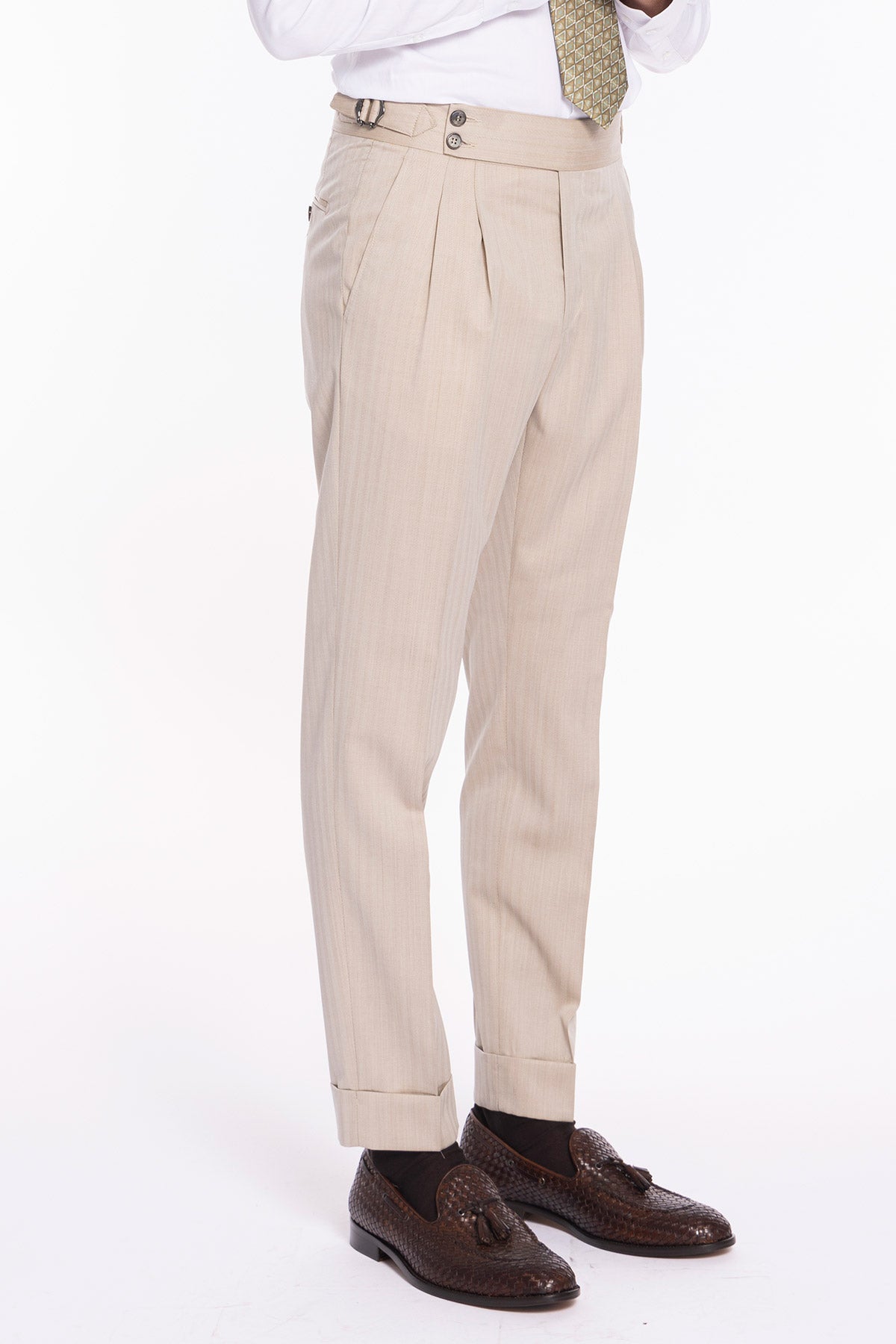 Pantalone uomo beige Solaro in fresco lana al 100% Bristol tessuti Napoli vita alta fibbie laterali