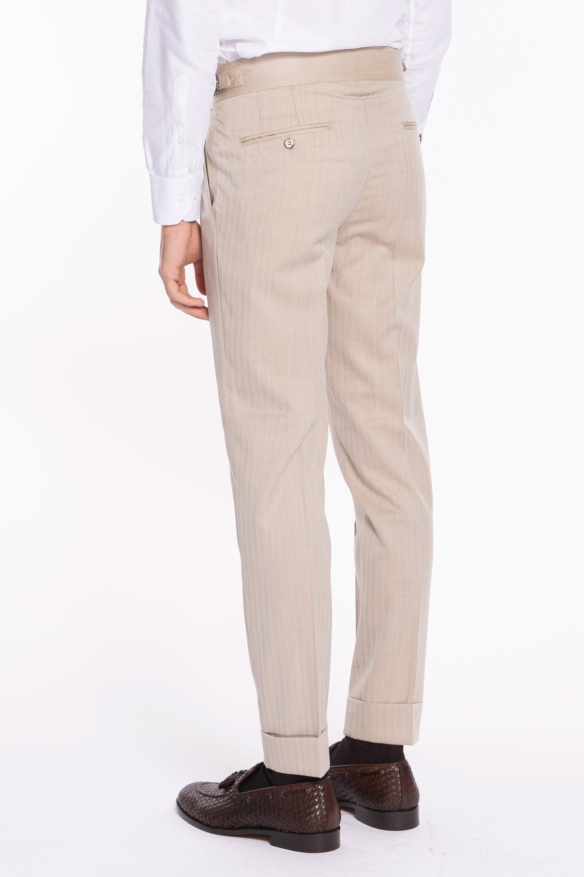 Pantalone uomo beige Solaro in fresco lana al 100% Bristol tessuti Napoli vita alta fibbie laterali