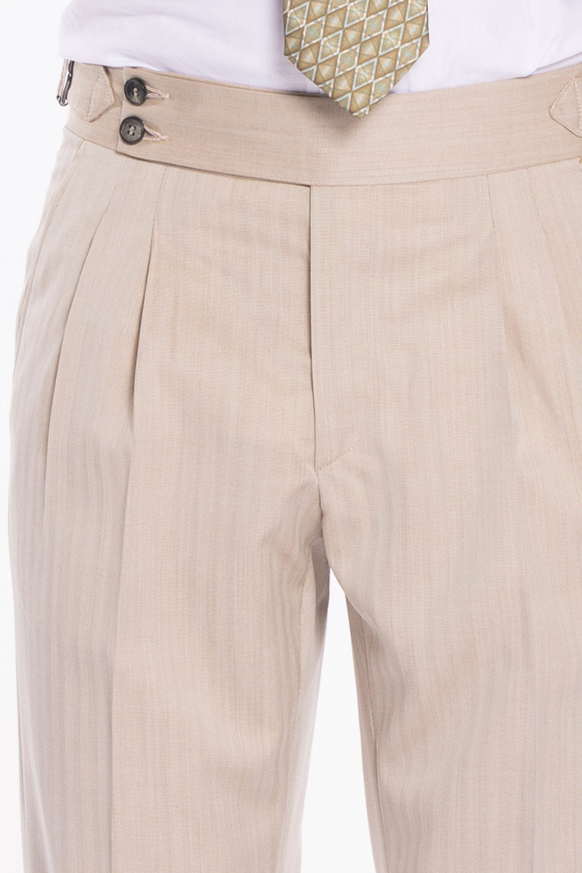 Pantalone uomo beige Solaro in fresco lana al 100% Bristol tessuti Napoli vita alta fibbie laterali