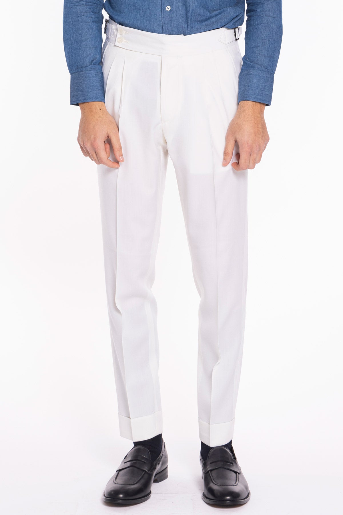 Pantalone uomo bianco in fresco lana super 130's Bristol tessuti Napoli vita alta fibbie laterali