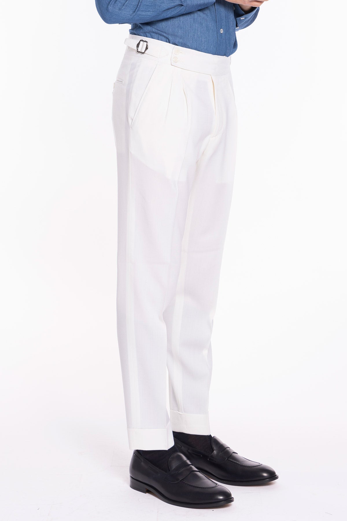 Pantalone uomo bianco in fresco lana super 130's Bristol tessuti Napoli vita alta fibbie laterali