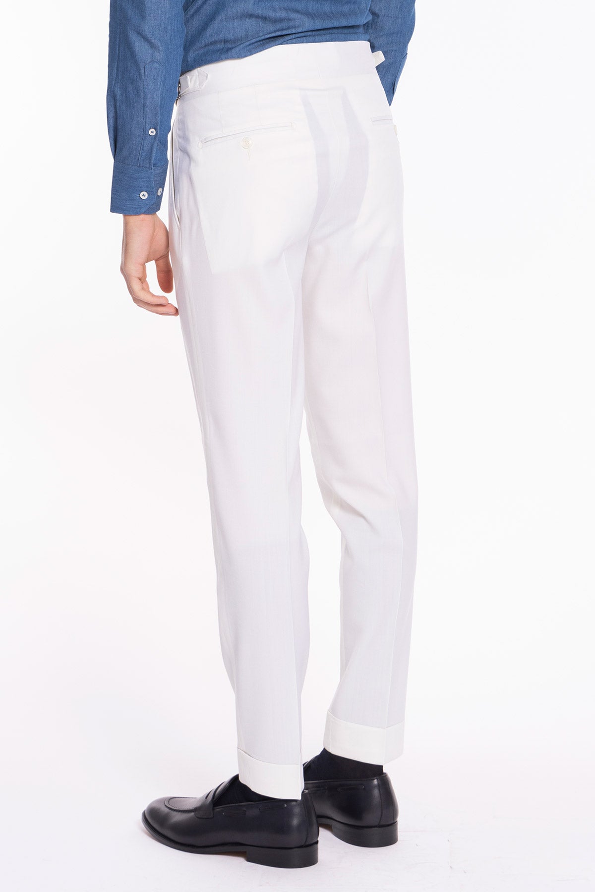 Pantalone uomo bianco in fresco lana super 130's Bristol tessuti Napoli vita alta fibbie laterali