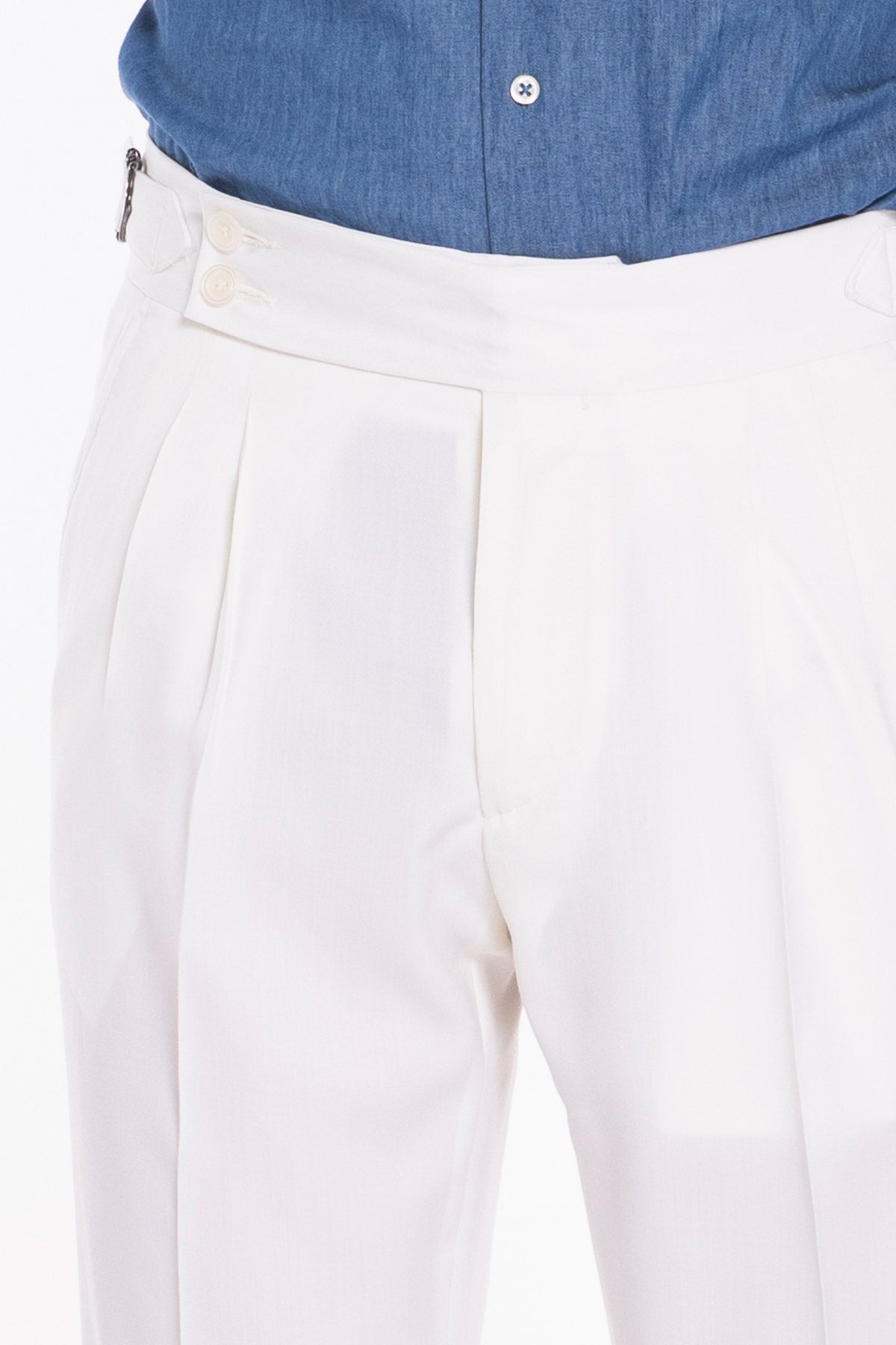 Pantalone uomo bianco in fresco lana super 130's Bristol tessuti Napoli vita alta fibbie laterali