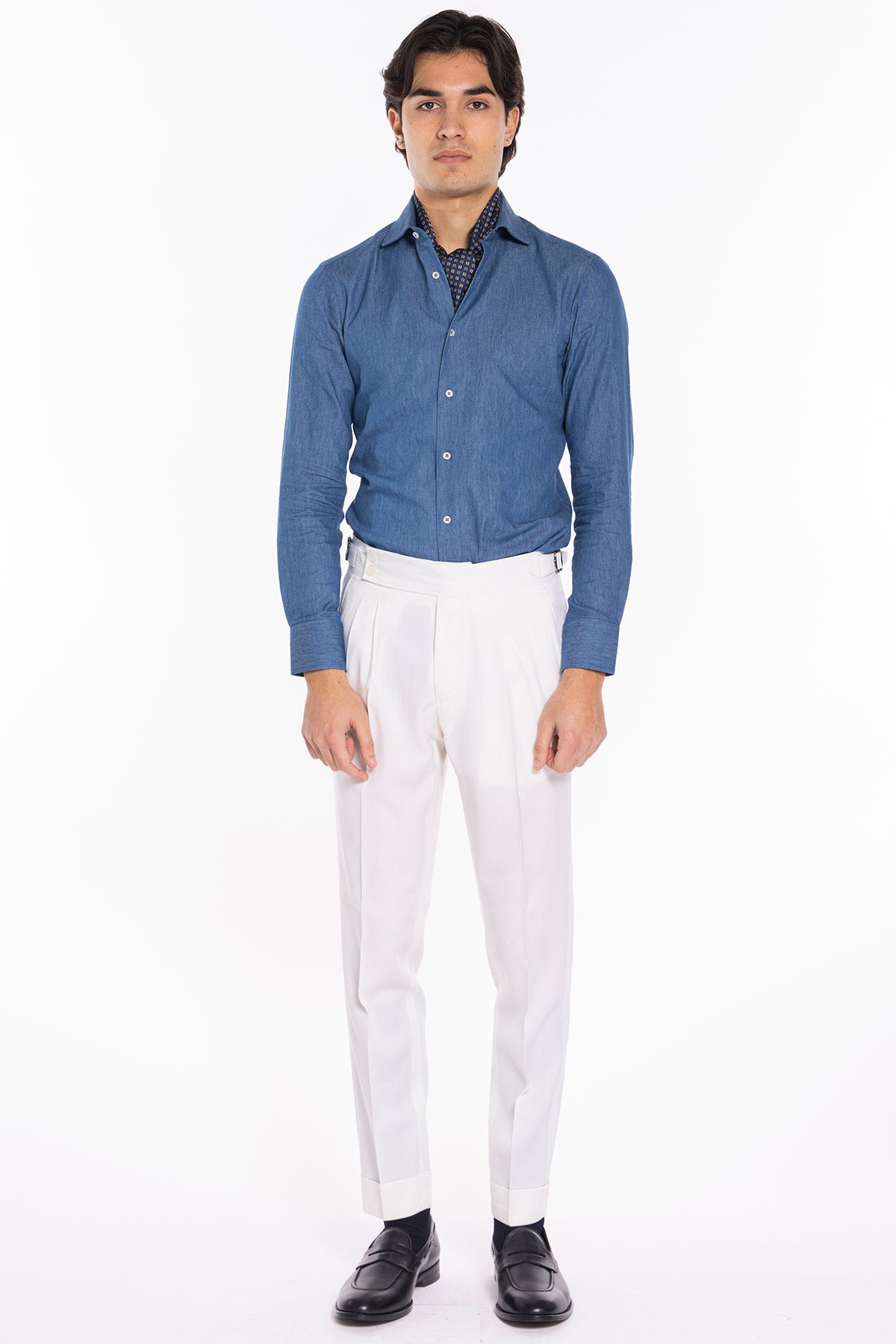 Pantalone uomo bianco in fresco lana super 130's Bristol tessuti Napoli vita alta fibbie laterali