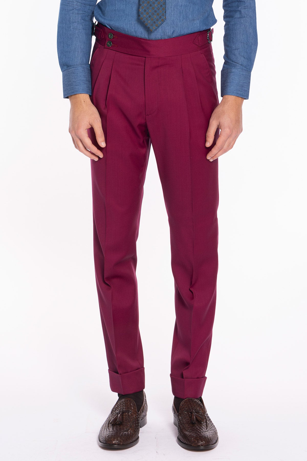 Pantalone uomo color fragola in fresco lana super 130's Bristol tessuti Napoli vita alta con fibbie laterali